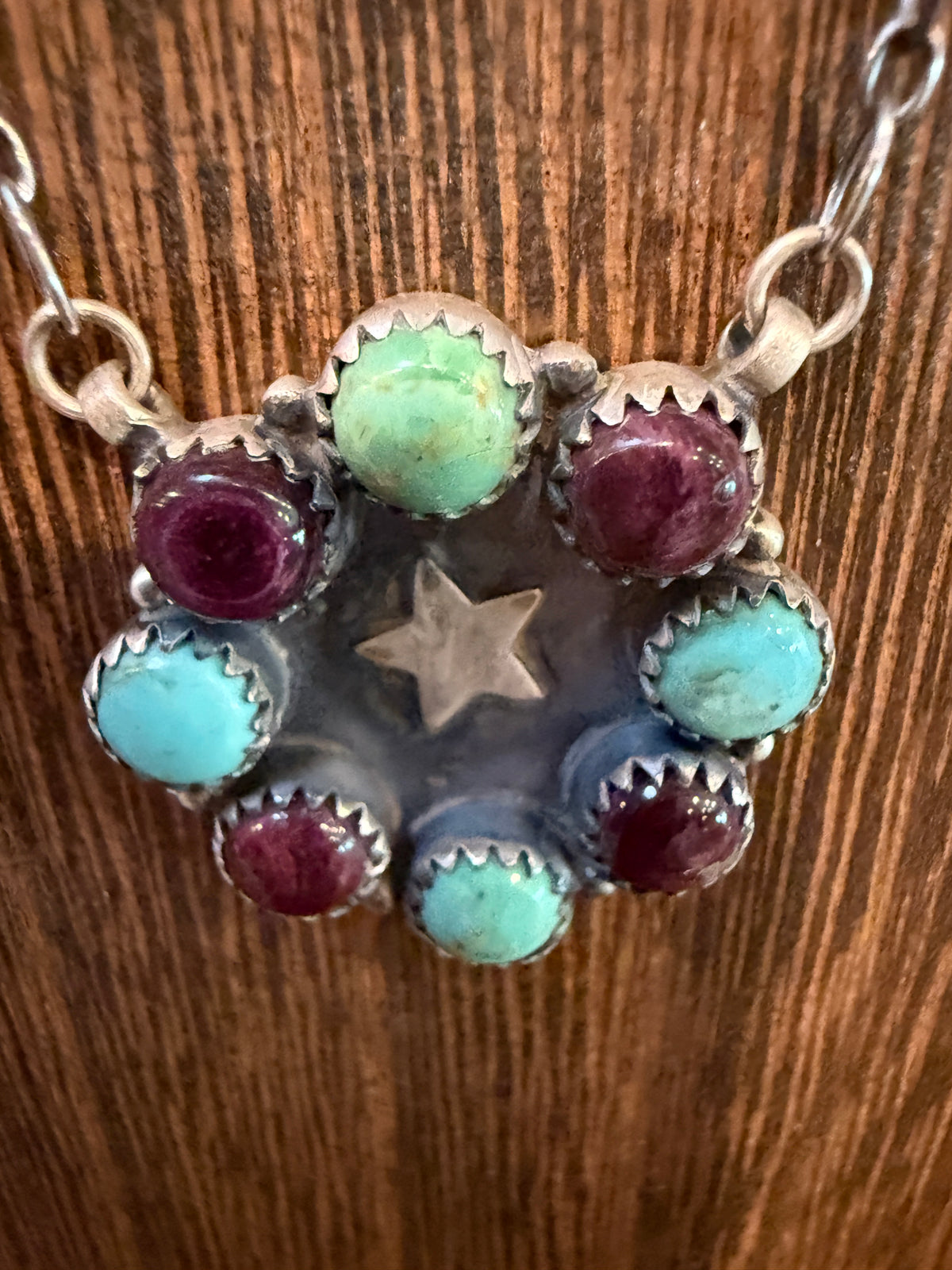 Mohave Turquoise and Purple Spiny Floral Cluster 20 Inch Chain Necklace in Sterling Silver
