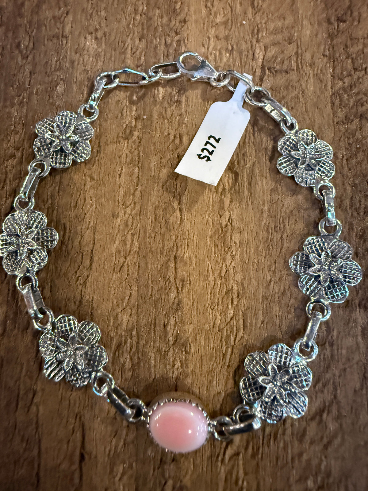 Queen Pink Conch Floral 8 Inch Link Bracelet in Sterling Silver