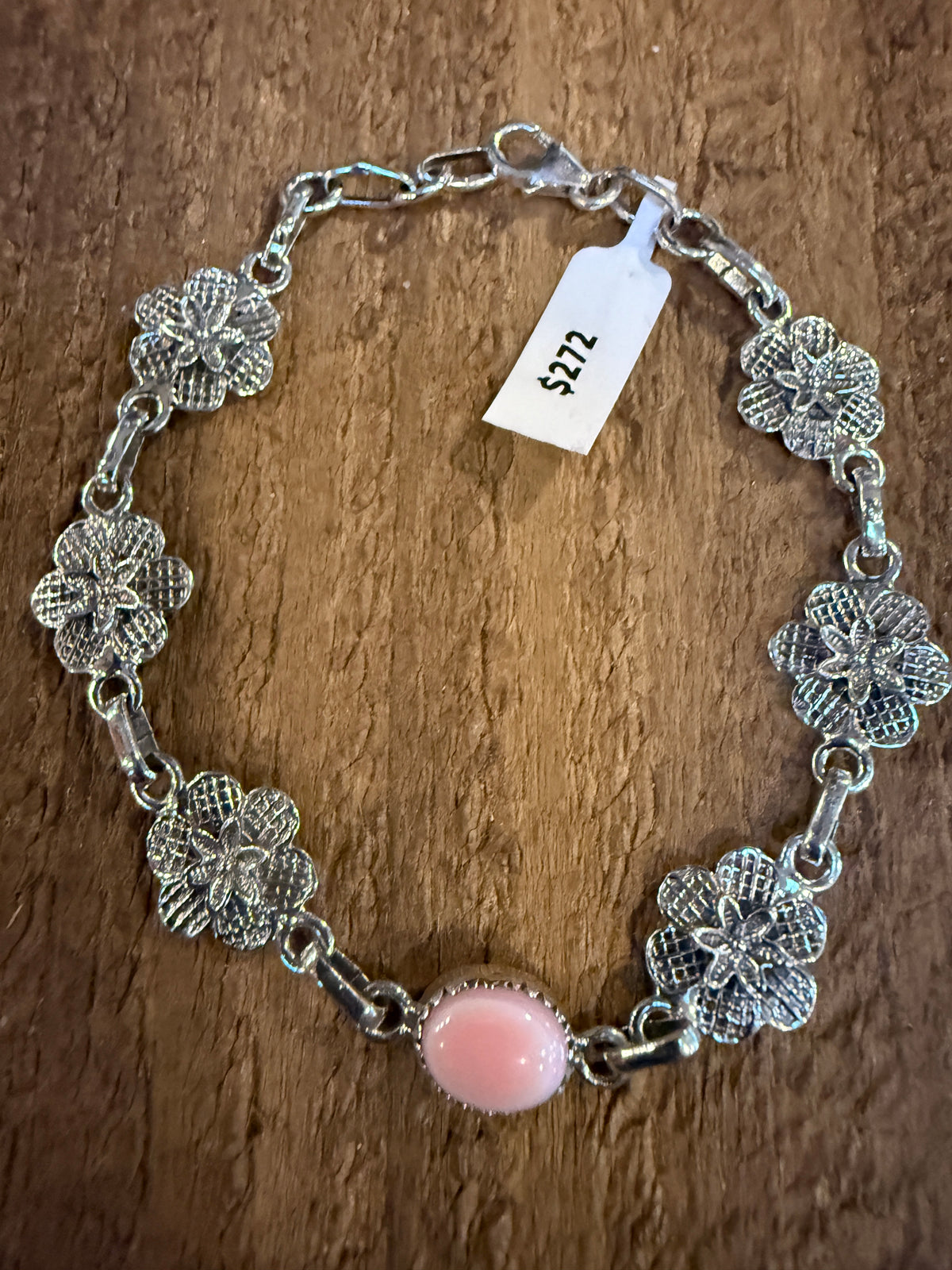 Queen Pink Conch Floral 8 Inch Link Bracelet in Sterling Silver