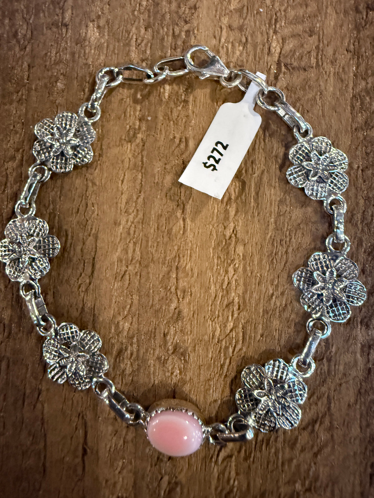 Queen Pink Conch Floral 8 Inch Link Bracelet in Sterling Silver