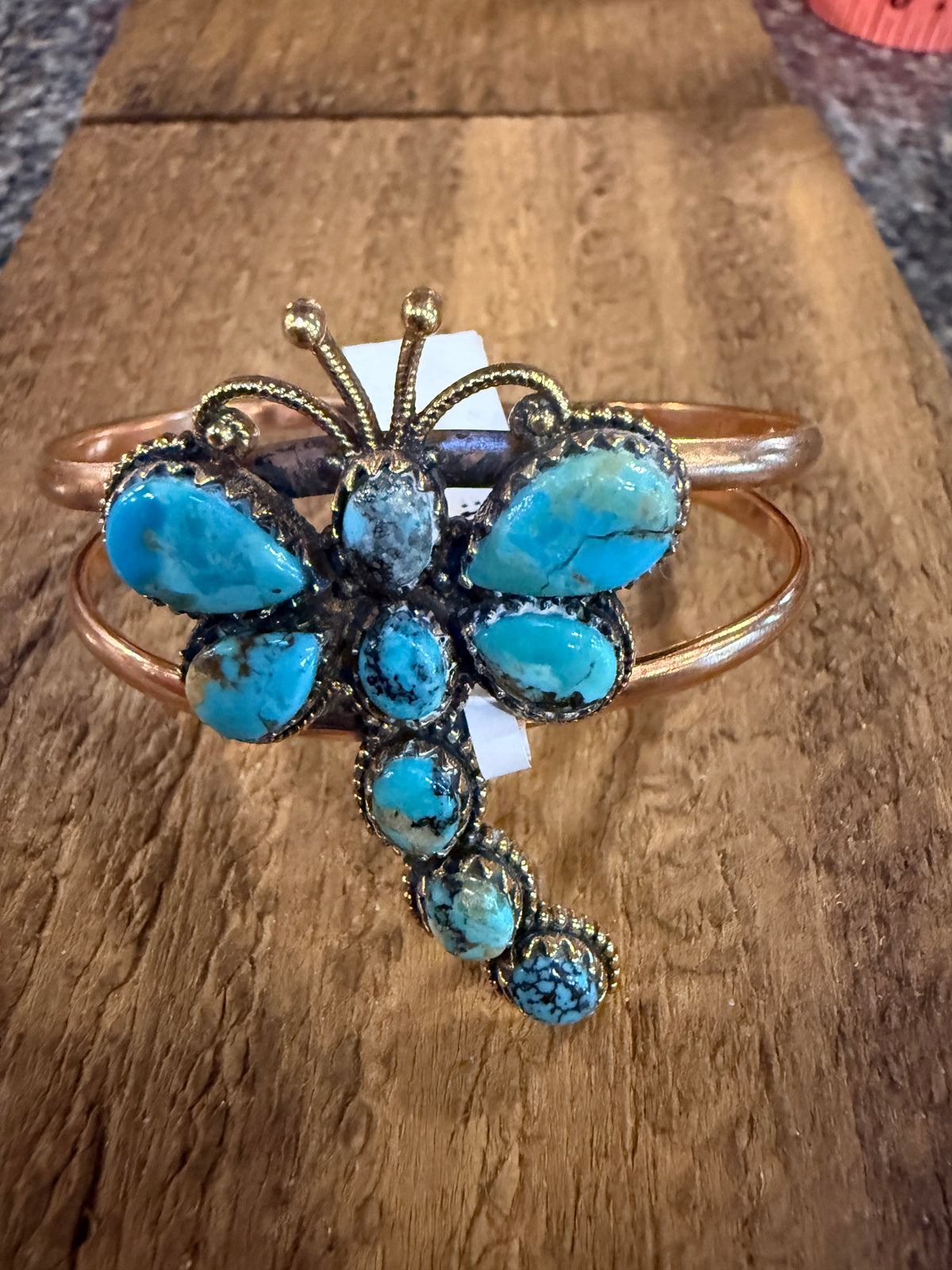 Mohave Turquoise Gemstone Dragon Fly Genuine Copper Flex Wide Cuff Bracelet