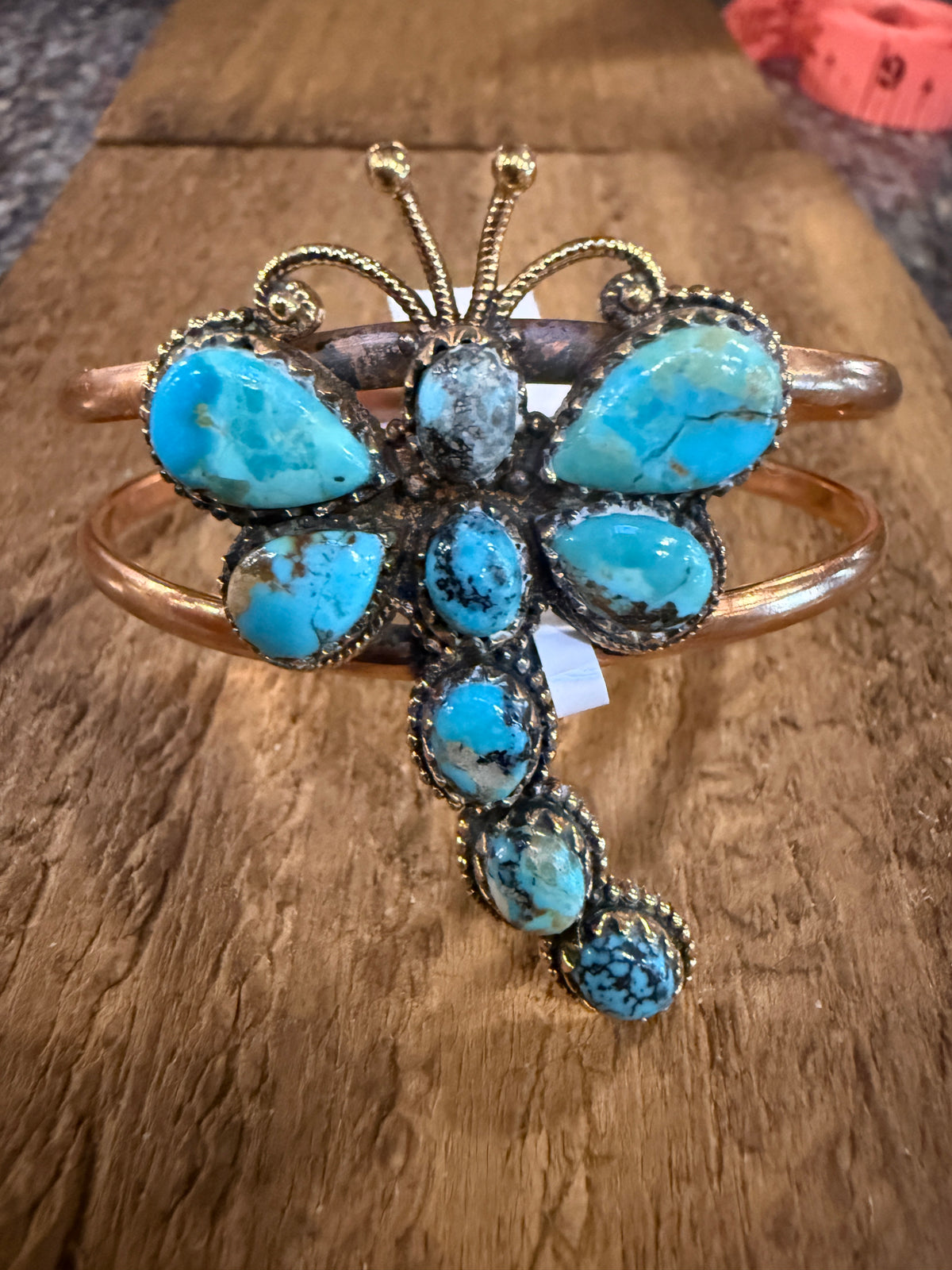 Mohave Turquoise Gemstone Dragon Fly Genuine Copper Flex Wide Cuff Bracelet