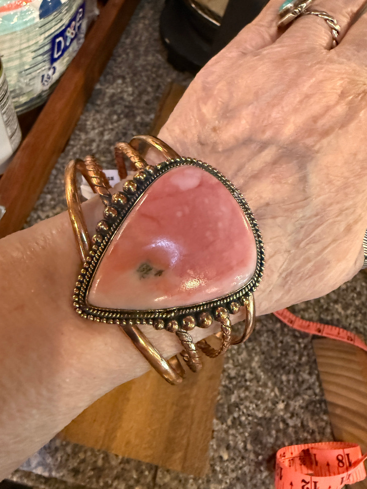 Pink Opal Gemstone FLEX Wide Cuff Bangle in Genuine Copper Size 7