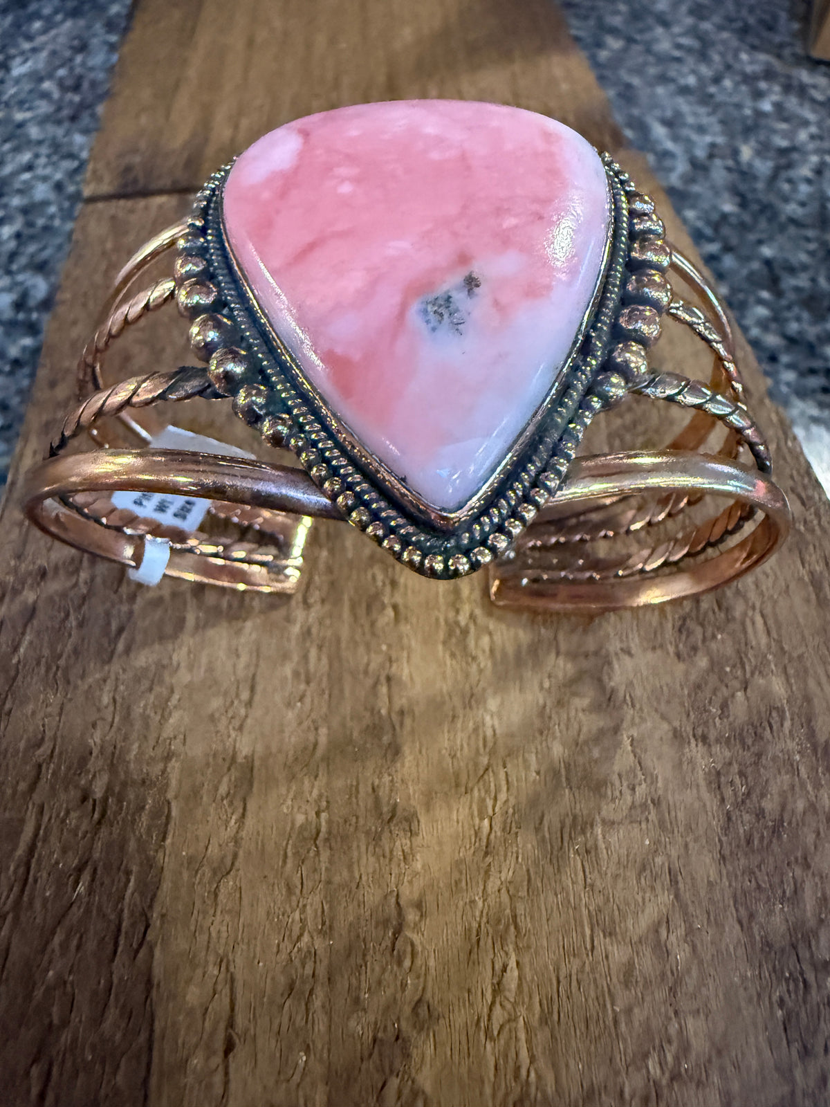 Pink Opal Gemstone FLEX Wide Cuff Bangle in Genuine Copper Size 7