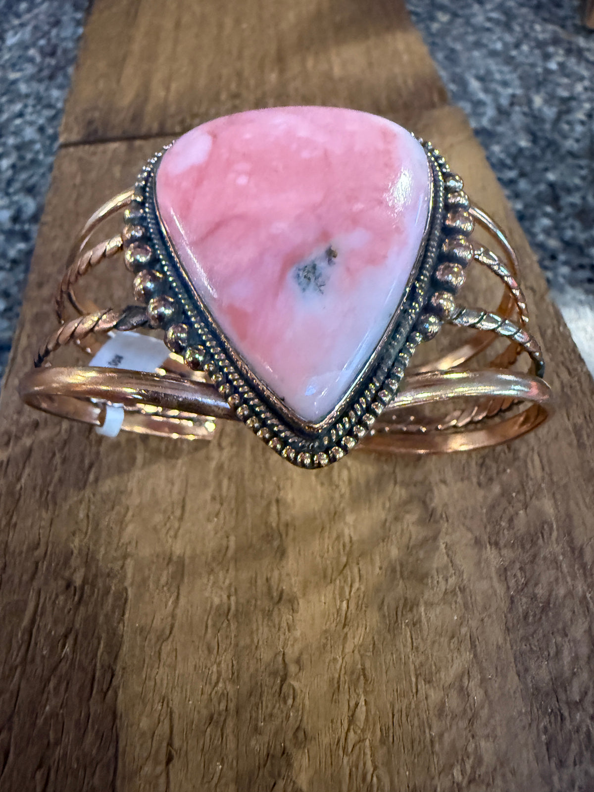 Pink Opal Gemstone FLEX Wide Cuff Bangle in Genuine Copper Size 7