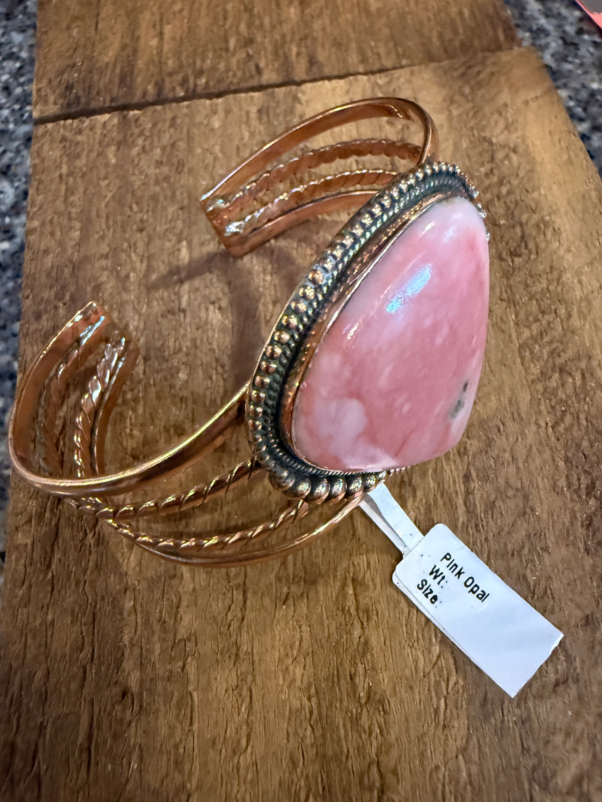 Pink Opal Gemstone FLEX Wide Cuff Bangle in Genuine Copper Size 7