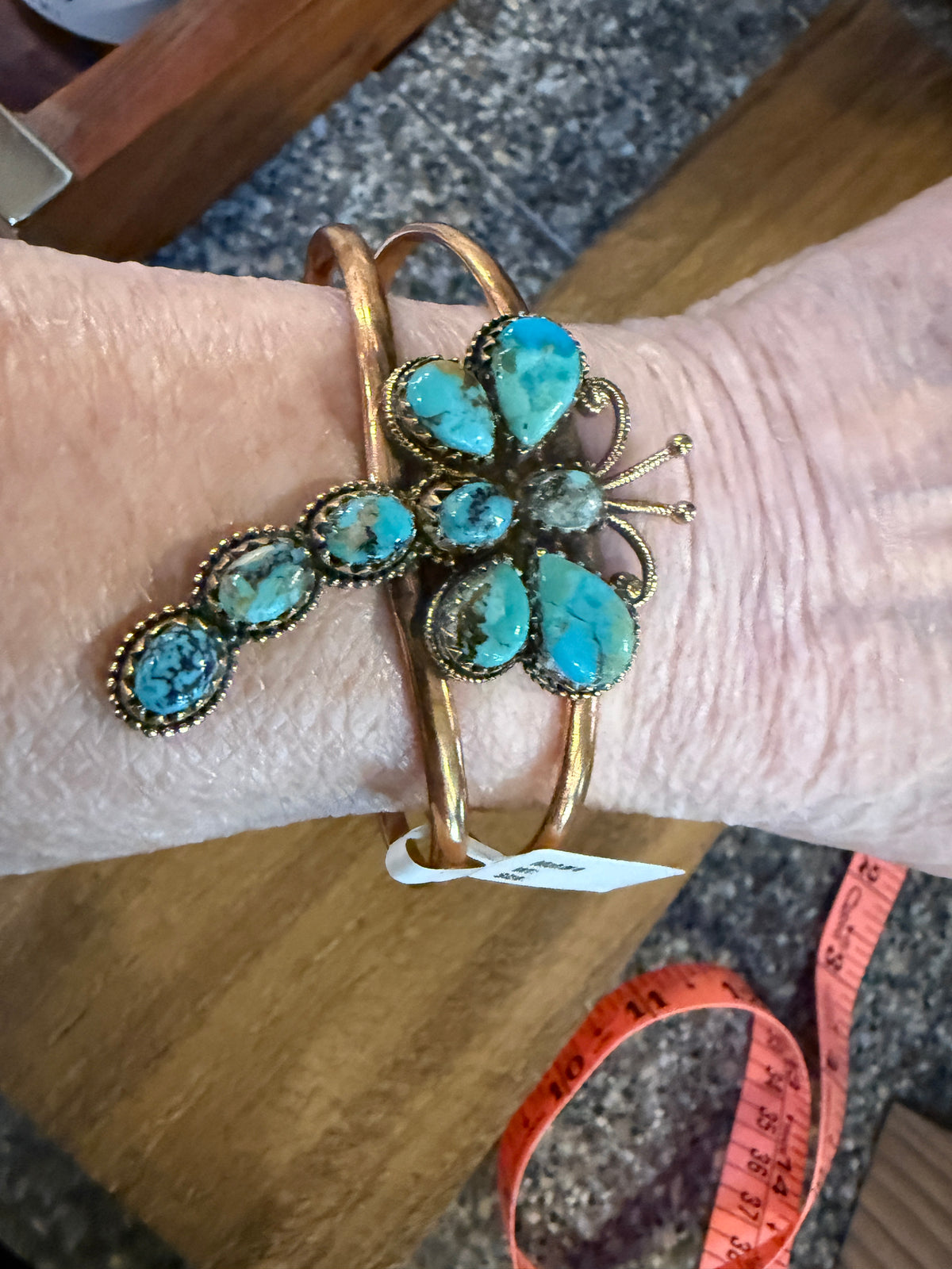 Mohave Turquoise Gemstone Dragon Fly Genuine Copper Flex Wide Cuff Bracelet
