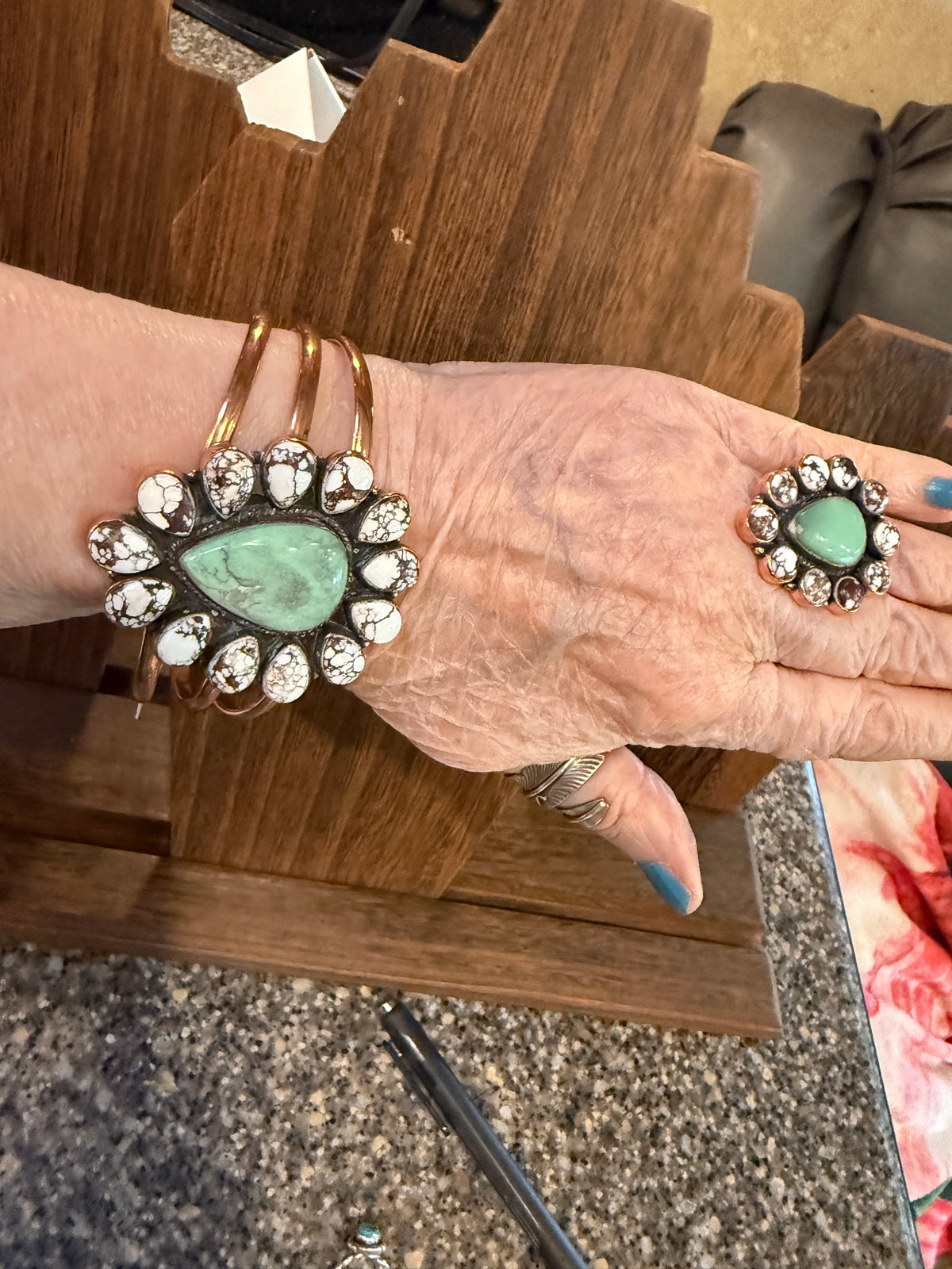 Wild Horse Dahlia and Variscite Gemstone Wide Cuff FLEX Bangle and Statement Adjustable Ring Set