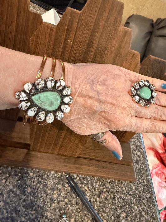 Wild Horse Dahlia and Variscite Gemstone Wide Cuff FLEX Bangle and Statement Adjustable Ring Set