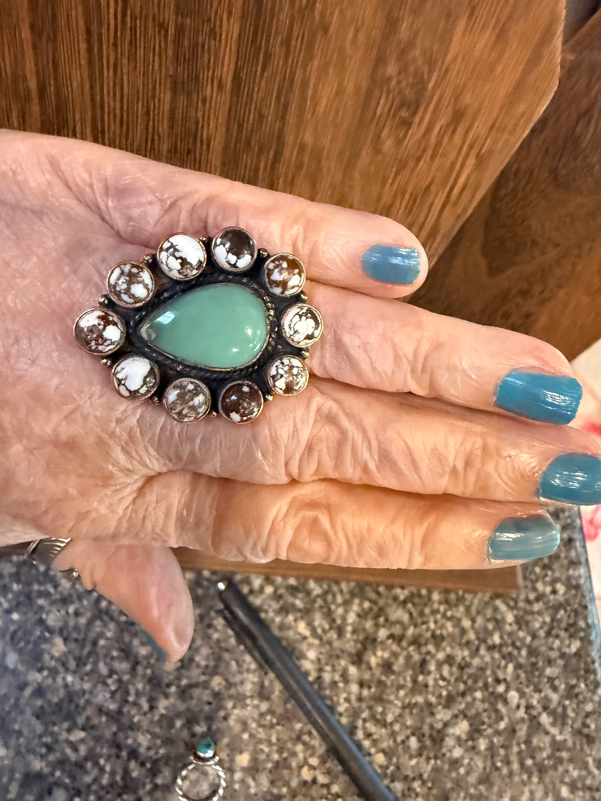 Wild Horse Dahlia and Variscite Gemstone Wide Cuff FLEX Bangle and Statement Adjustable Ring Set