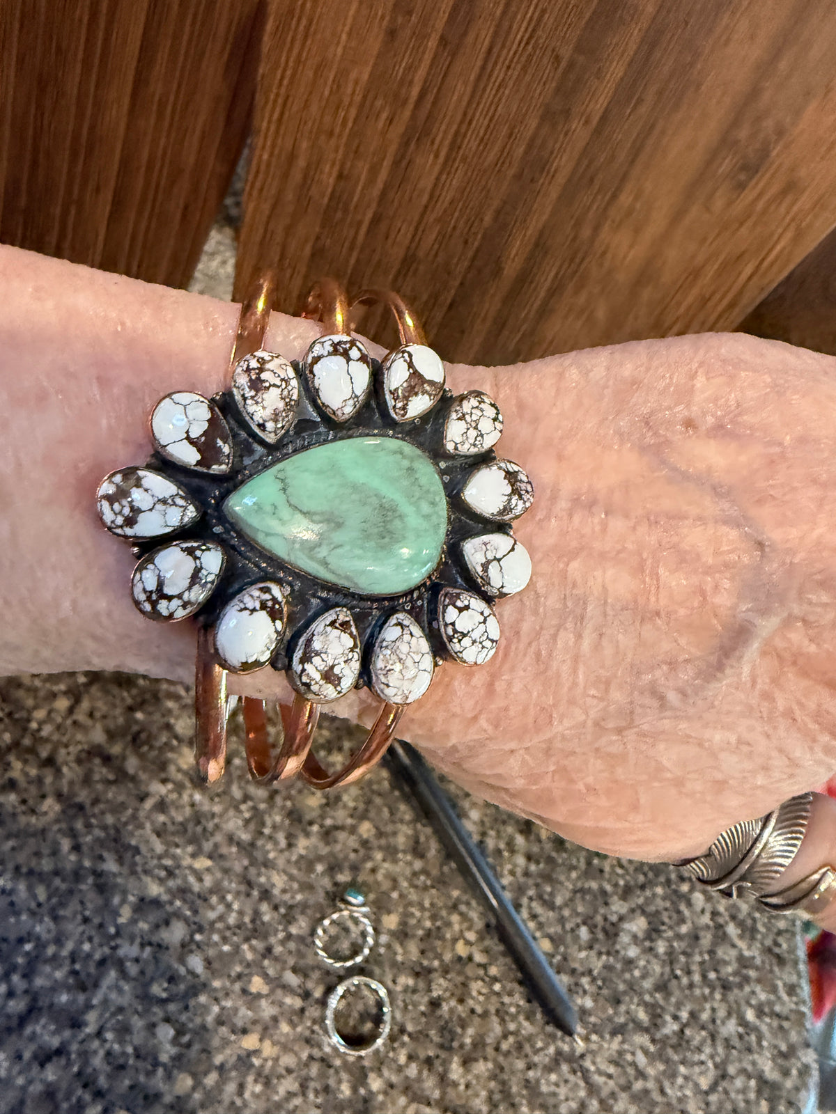 Wild Horse Dahlia and Variscite Gemstone Wide Cuff FLEX Bangle and Statement Adjustable Ring Set