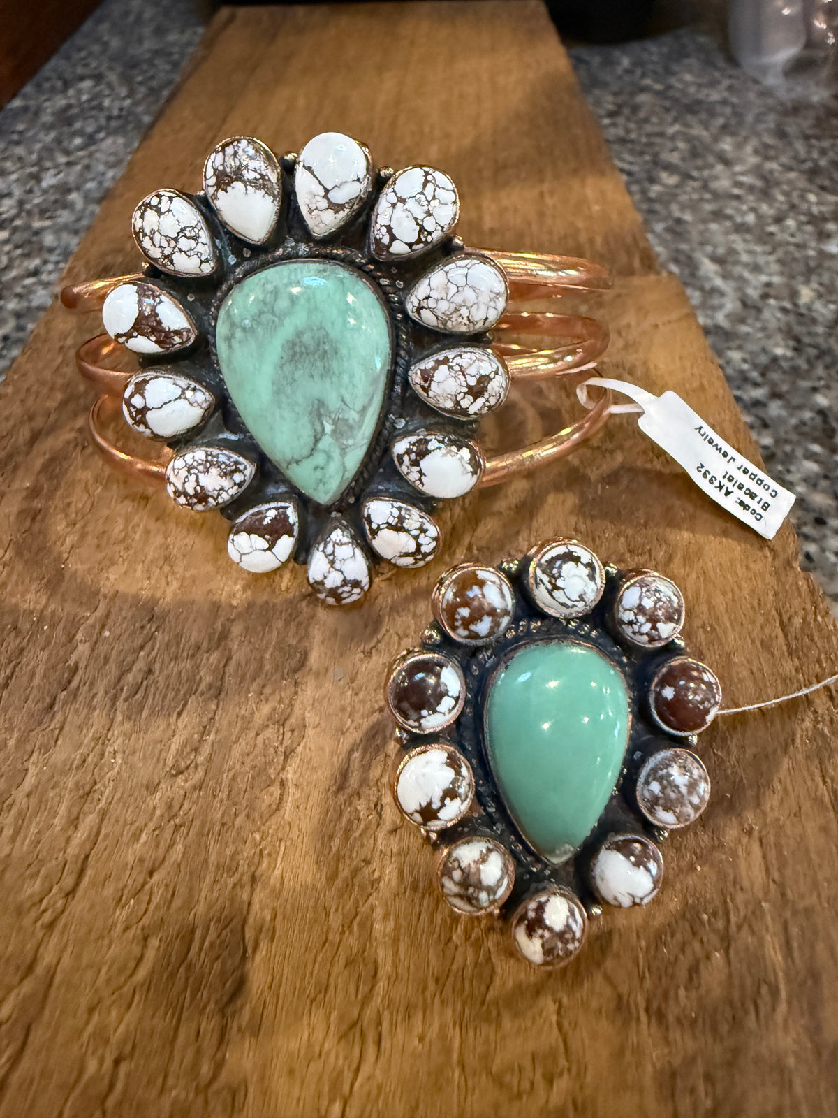 Wild Horse Dahlia and Variscite Gemstone Wide Cuff FLEX Bangle and Statement Adjustable Ring Set