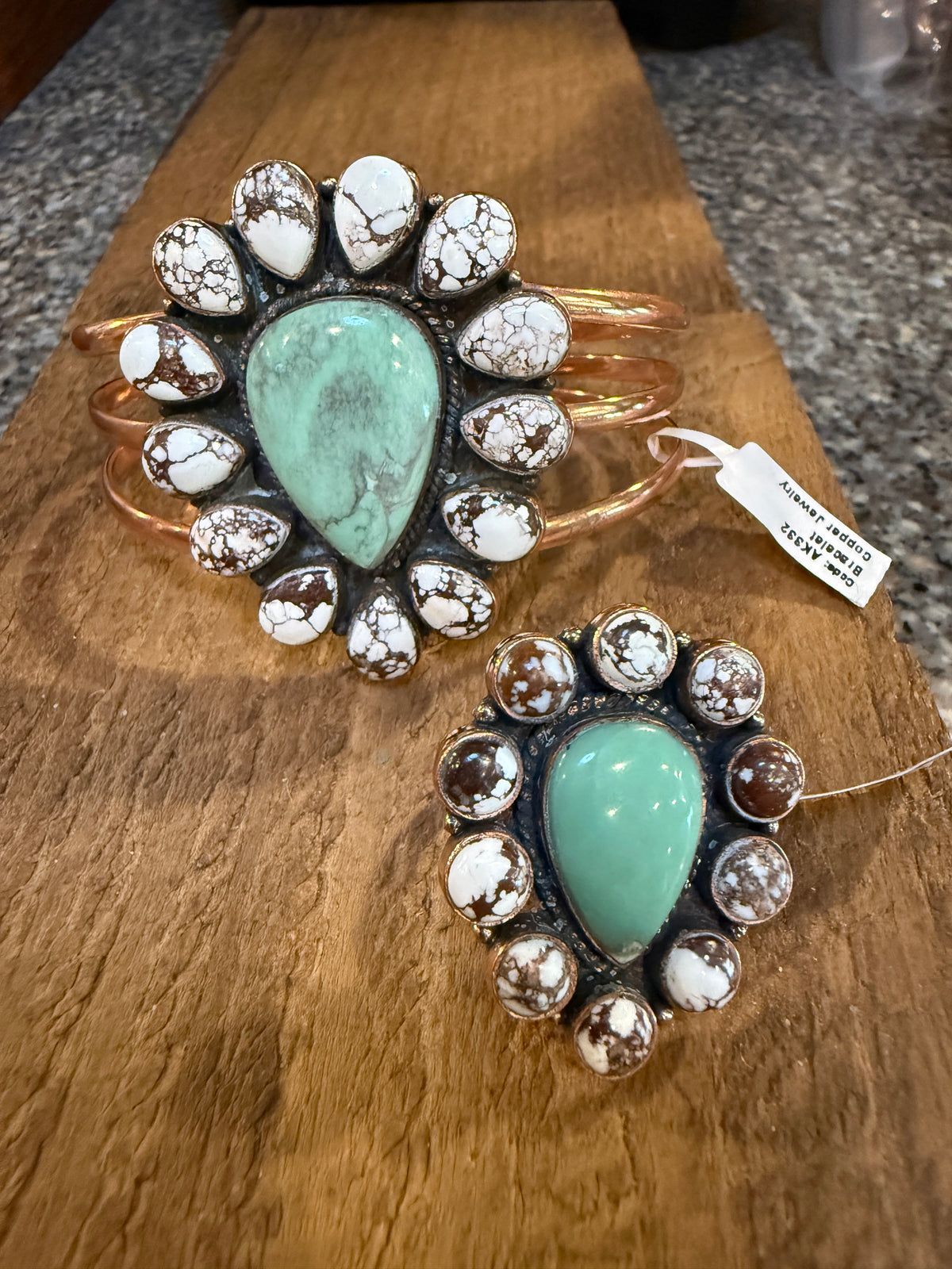 Wild Horse Dahlia and Variscite Gemstone Wide Cuff FLEX Bangle and Statement Adjustable Ring Set