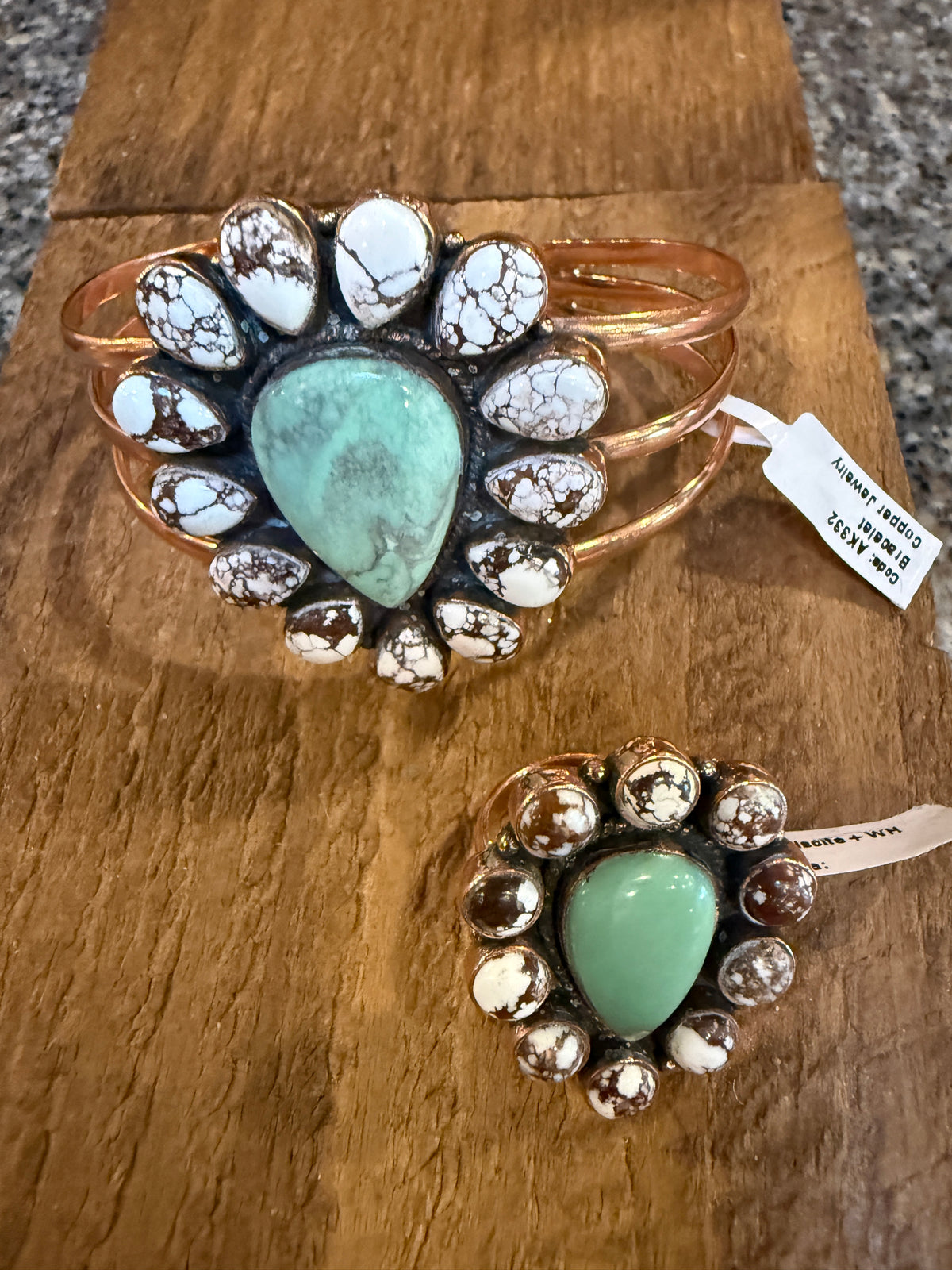 Wild Horse Dahlia and Variscite Gemstone Wide Cuff FLEX Bangle and Statement Adjustable Ring Set