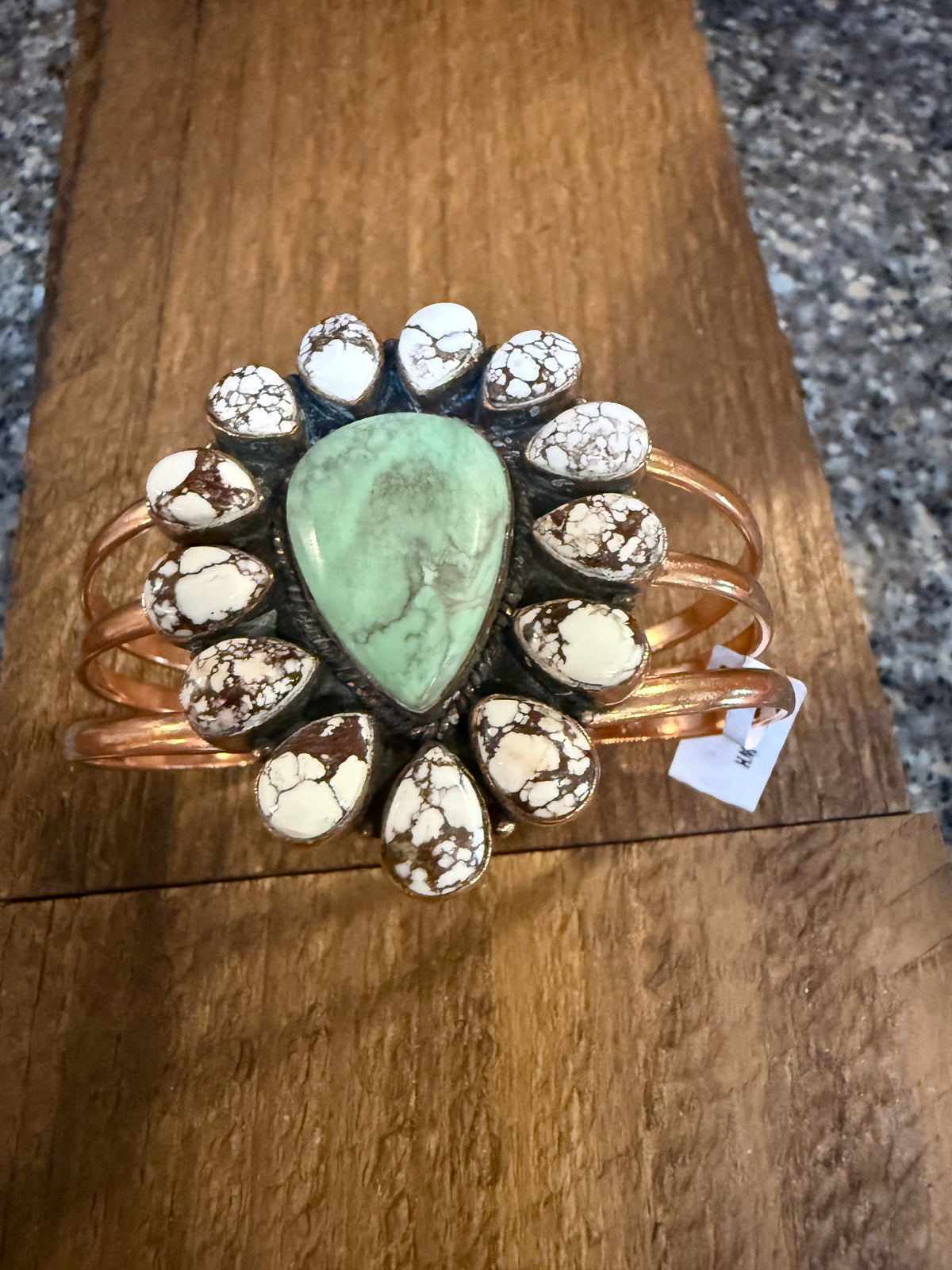 Wild Horse Dahlia and Variscite Gemstone Wide Cuff FLEX Bangle and Statement Adjustable Ring Set