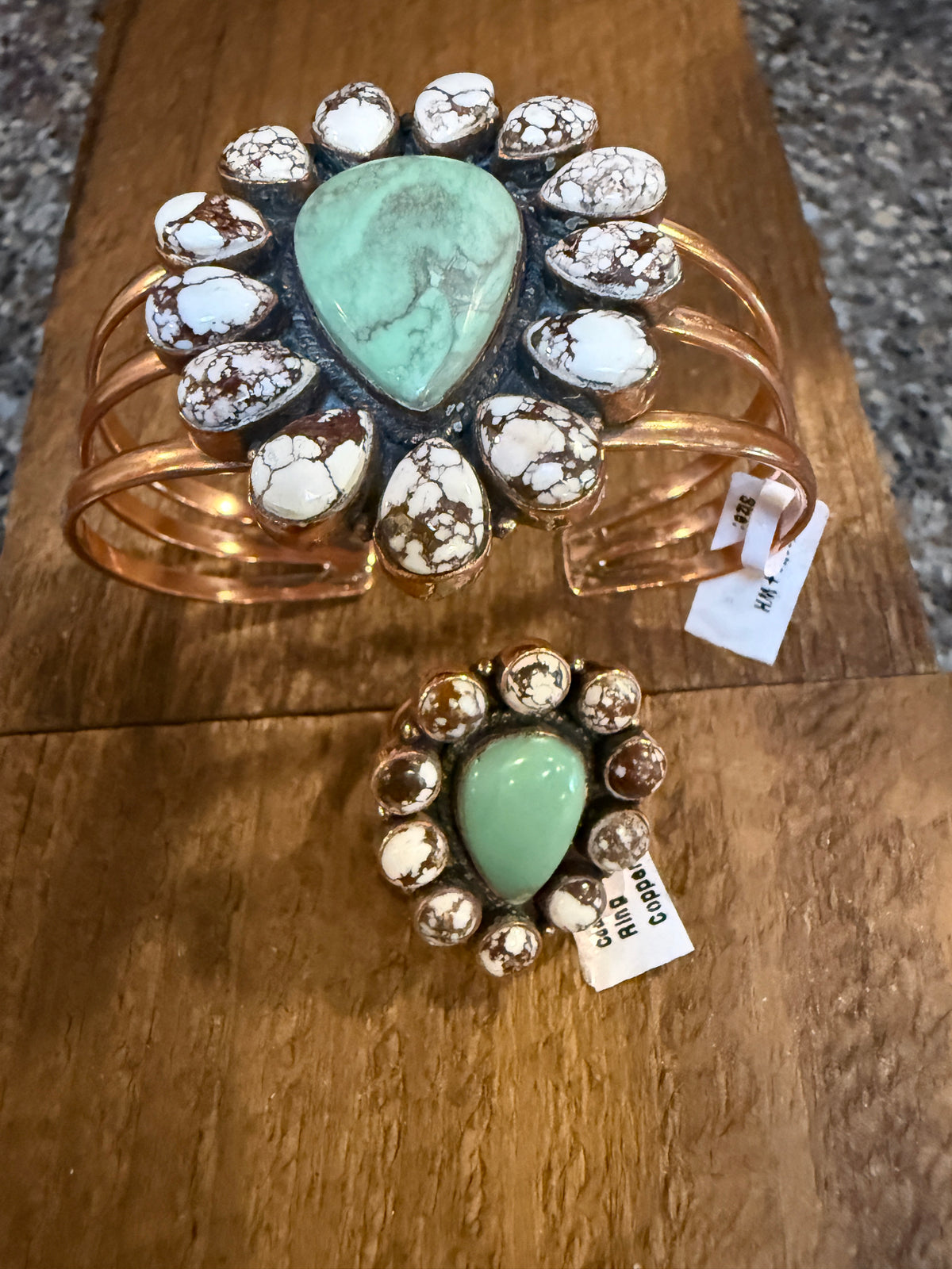 Wild Horse Dahlia and Variscite Gemstone Wide Cuff FLEX Bangle and Statement Adjustable Ring Set