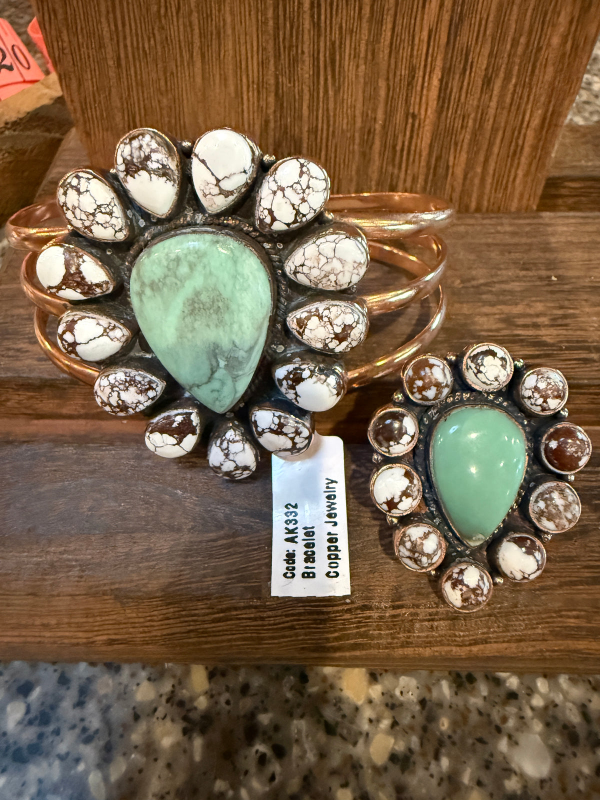 Wild Horse Dahlia and Variscite Gemstone Wide Cuff FLEX Bangle and Statement Adjustable Ring Set