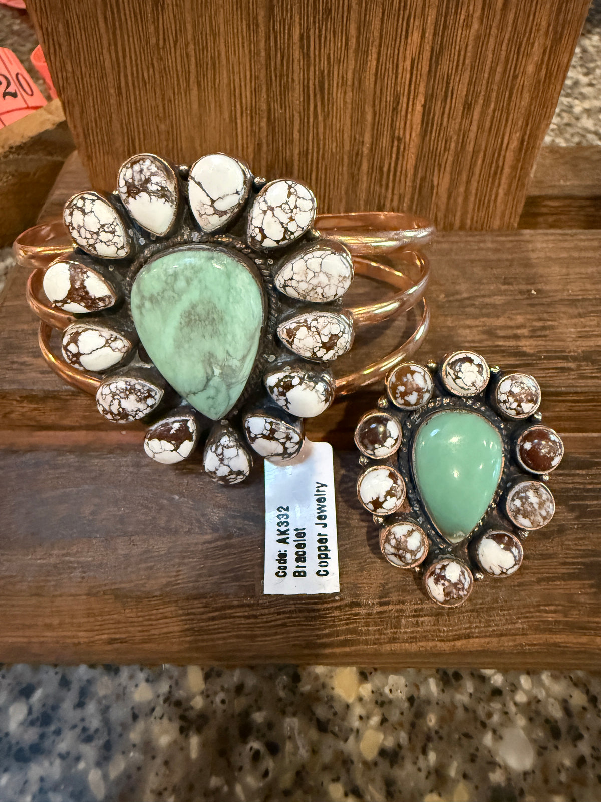 Wild Horse Dahlia and Variscite Gemstone Wide Cuff FLEX Bangle and Statement Adjustable Ring Set