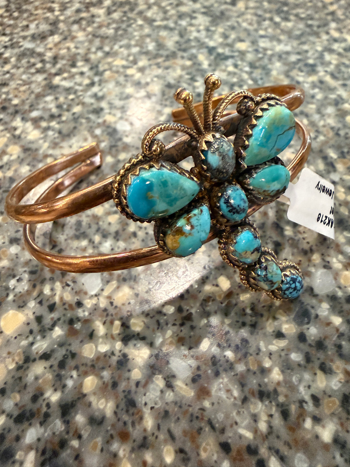 Mohave Turquoise Gemstone Dragon Fly Genuine Copper Flex Wide Cuff Bracelet