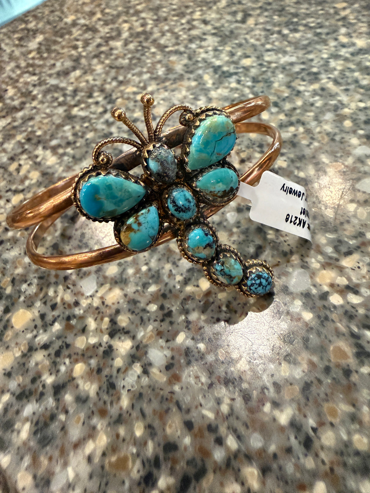 Mohave Turquoise Gemstone Dragon Fly Genuine Copper Flex Wide Cuff Bracelet