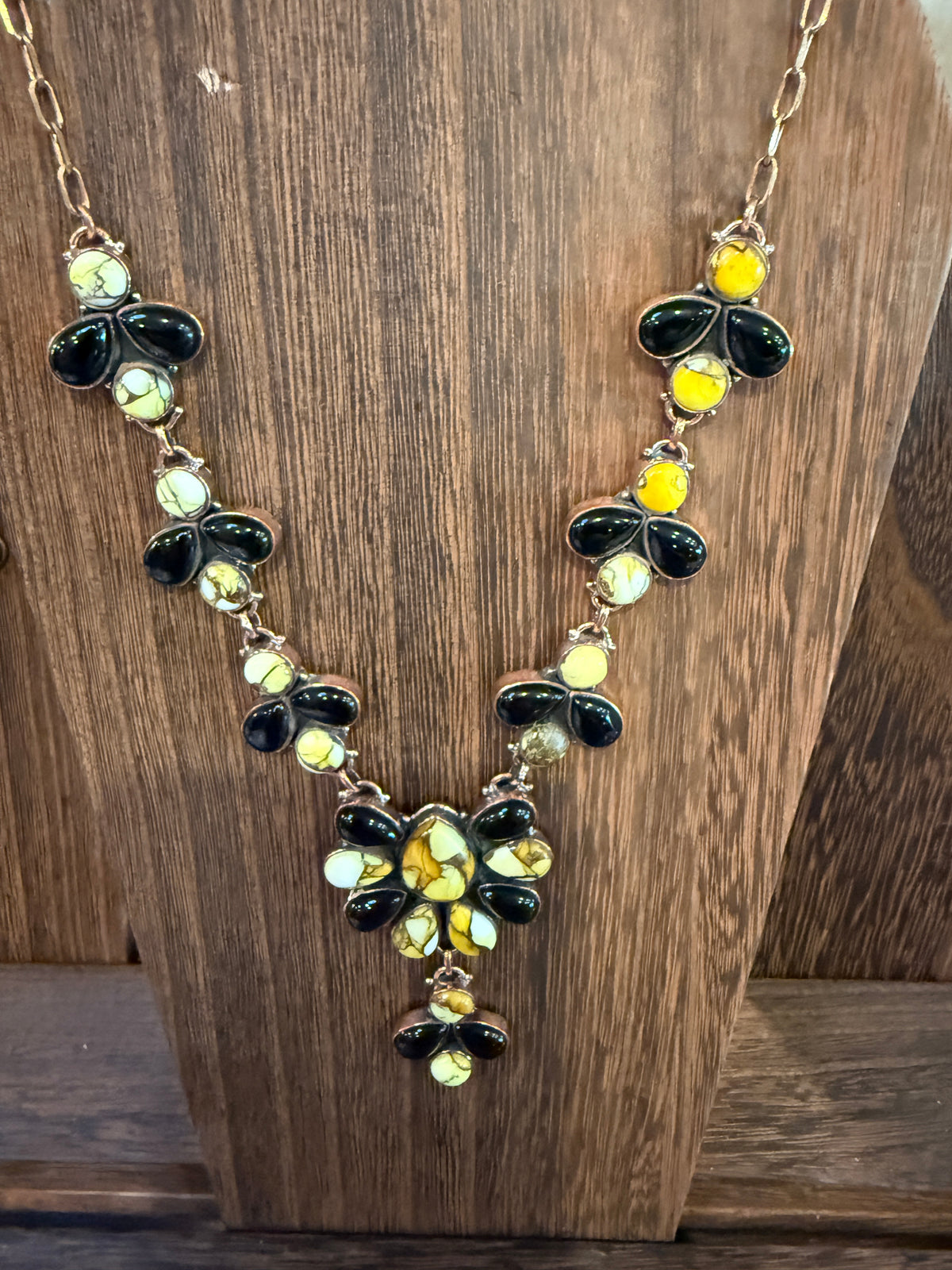 Golden Dahlia and Black Onyx Gemstone Lariat Necklace in Genuine Copper