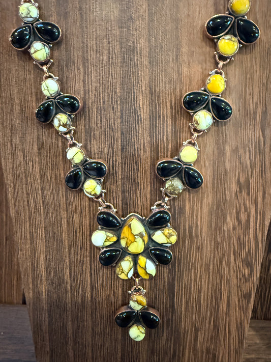 Golden Dahlia and Black Onyx Gemstone Lariat Necklace in Genuine Copper