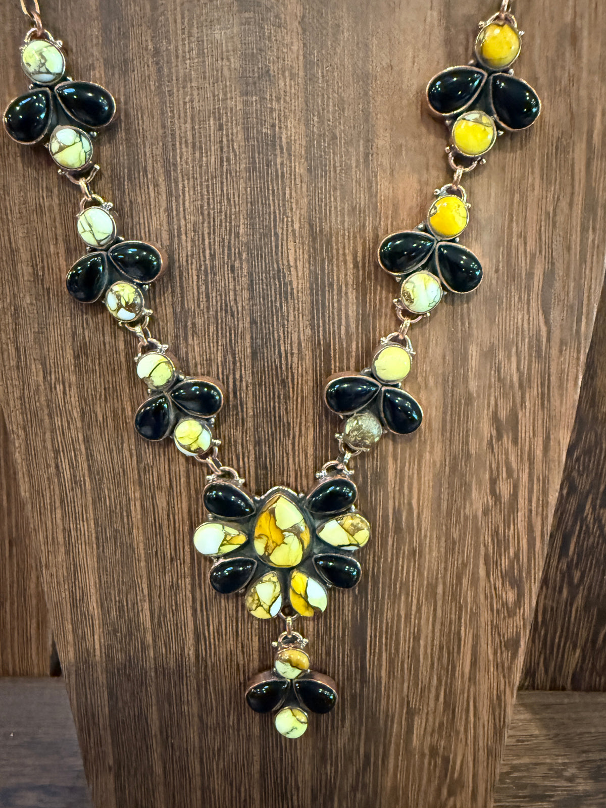 Golden Dahlia and Black Onyx Gemstone Lariat Necklace in Genuine Copper