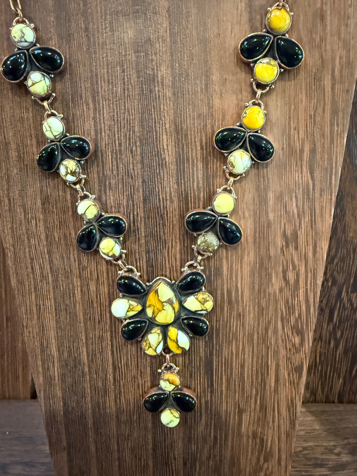 Golden Dahlia and Black Onyx Gemstone Lariat Necklace in Genuine Copper