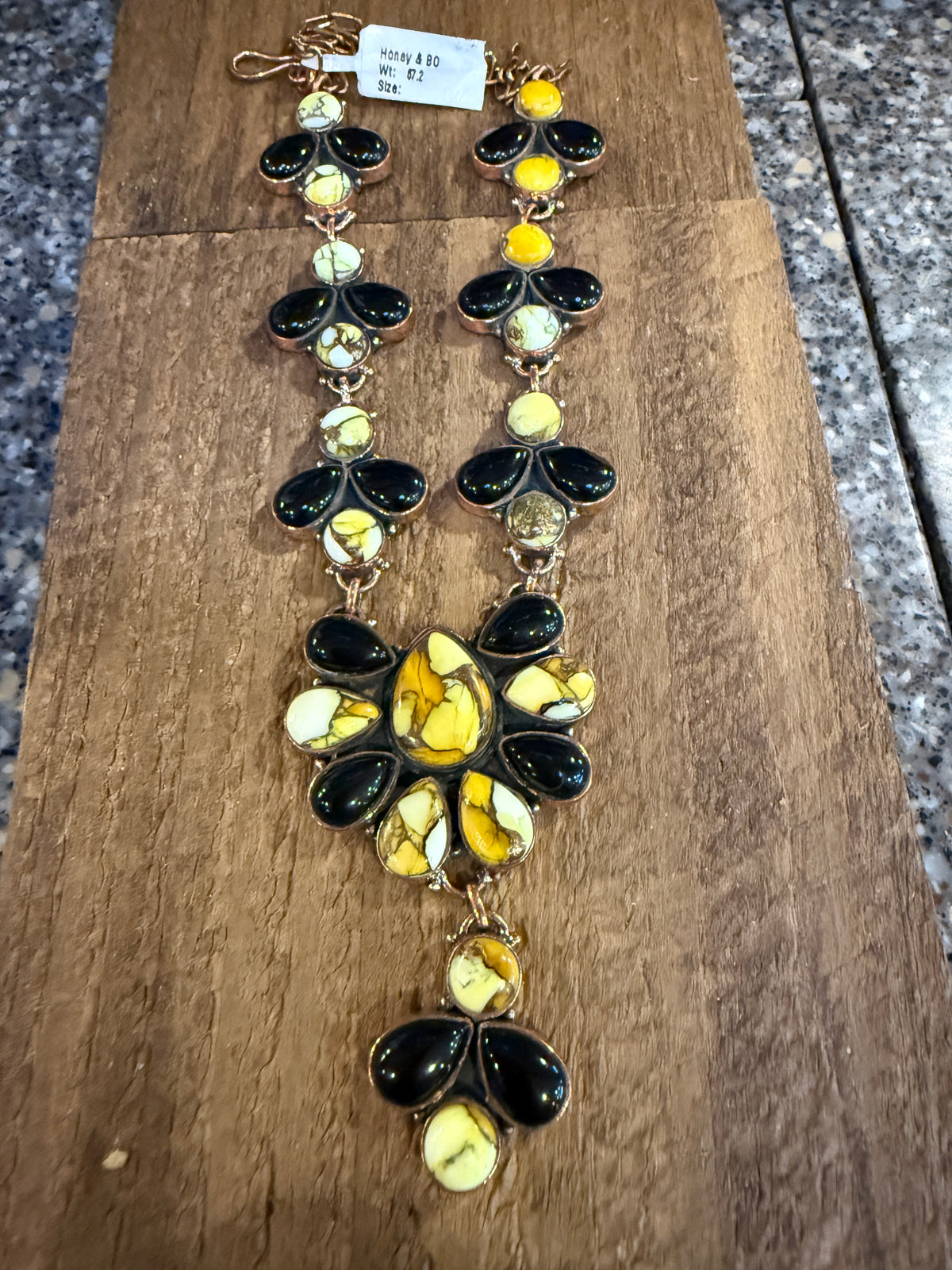 Golden Dahlia and Black Onyx Gemstone Lariat Necklace in Genuine Copper