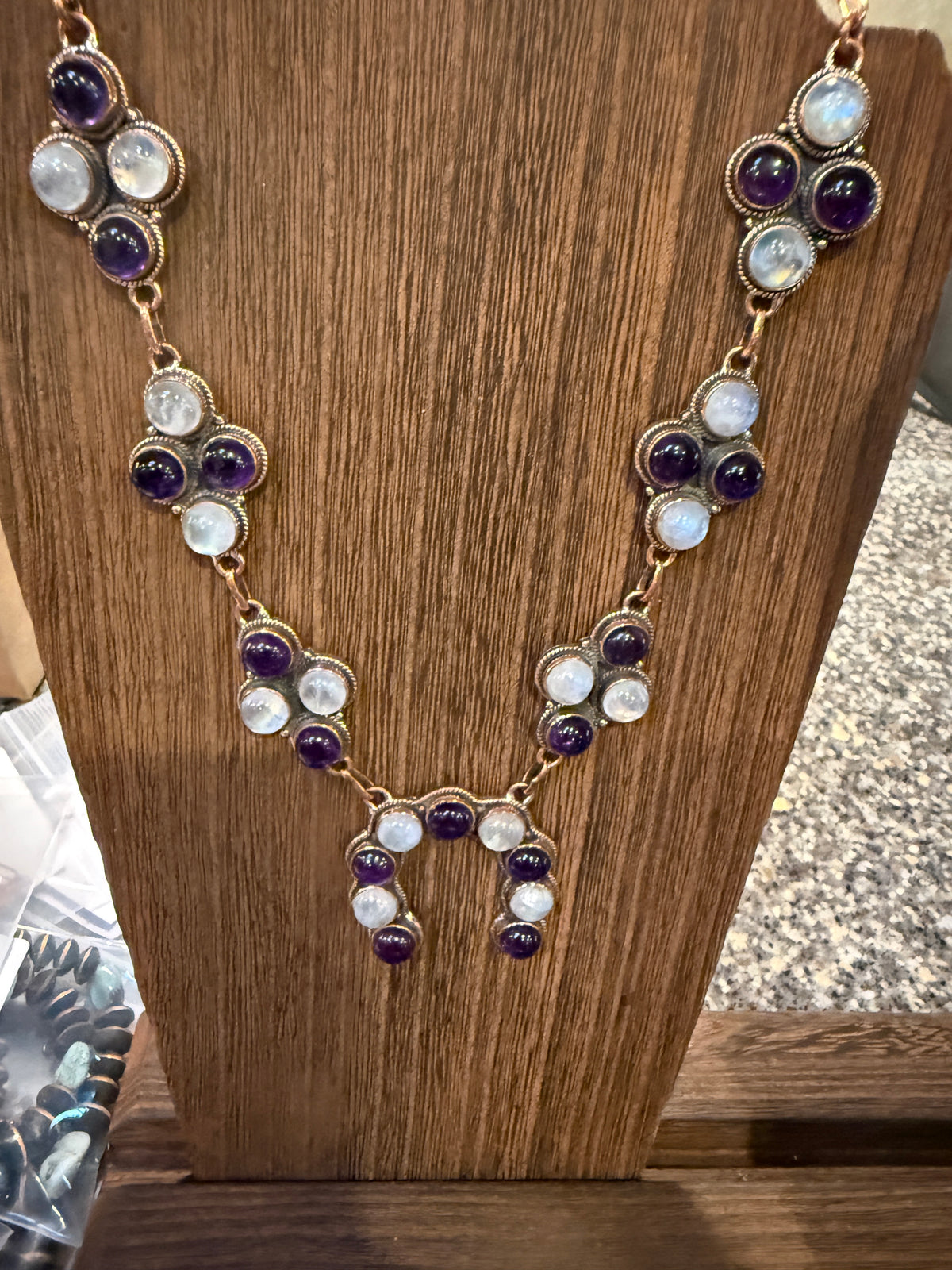Purple Amethyst and Moonstone Paper Clip Chain Lariat Necklace in Genuine Copper
