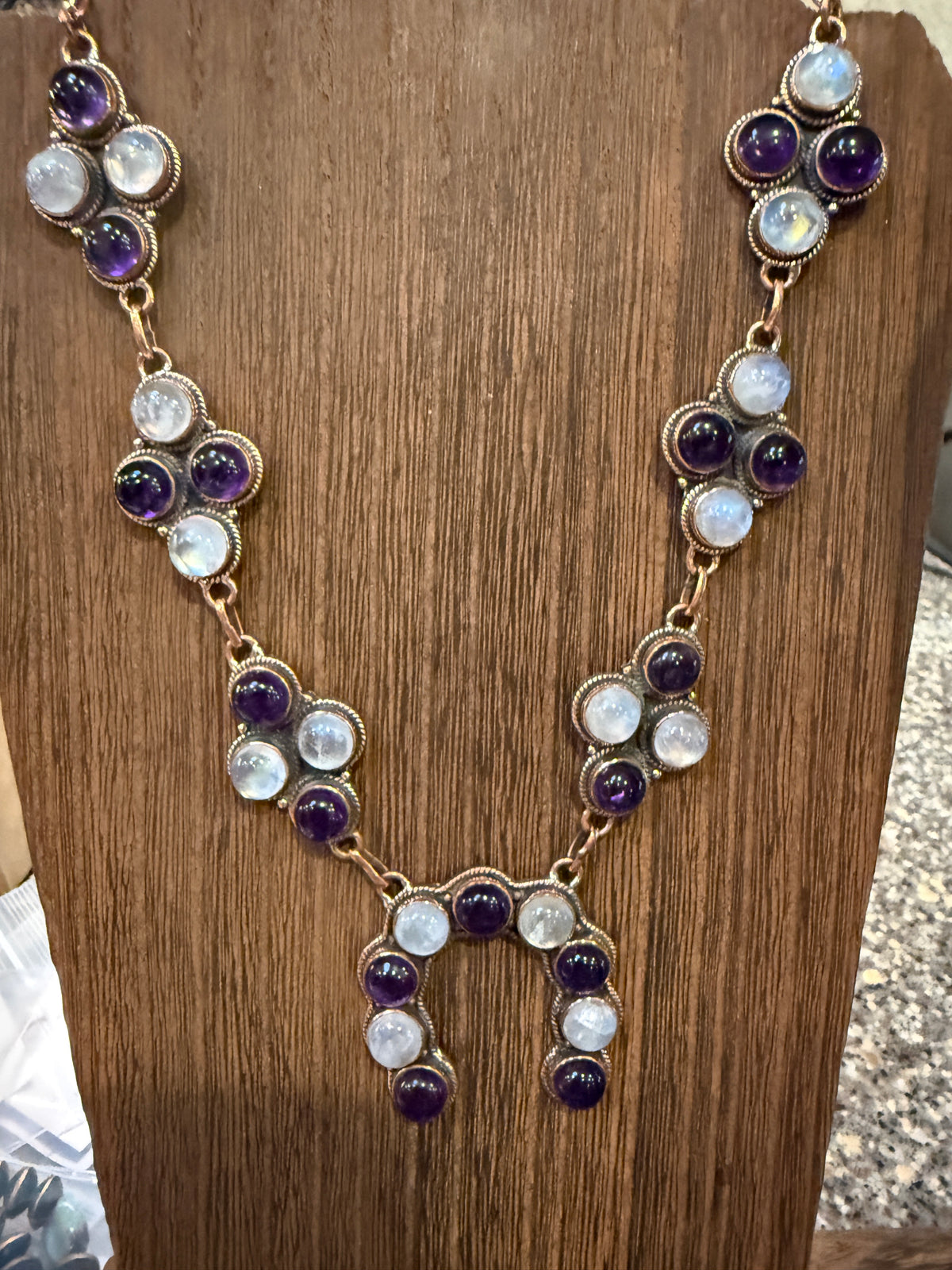 Purple Amethyst and Moonstone Paper Clip Chain Lariat Necklace in Genuine Copper