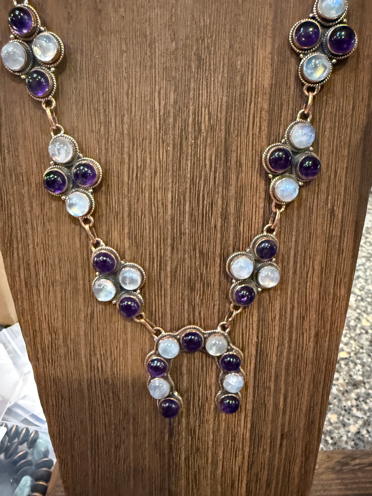 Purple Amethyst and Moonstone Paper Clip Chain Lariat Necklace in Genuine Copper