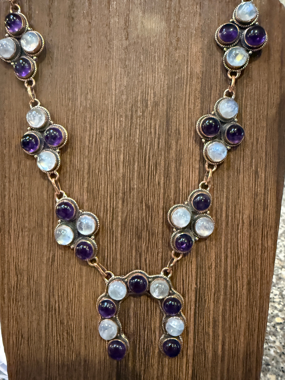 Purple Amethyst and Moonstone Paper Clip Chain Lariat Necklace in Genuine Copper