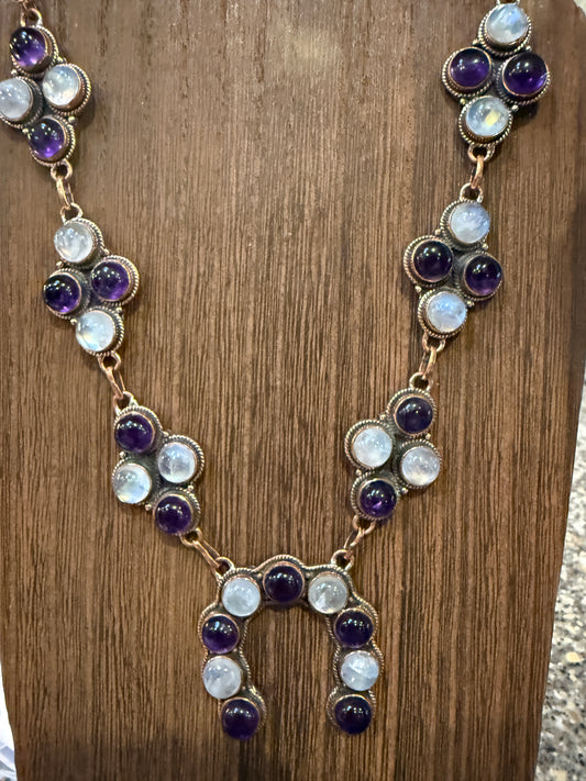 Purple Amethyst and Moonstone Paper Clip Chain Lariat Necklace in Genuine Copper