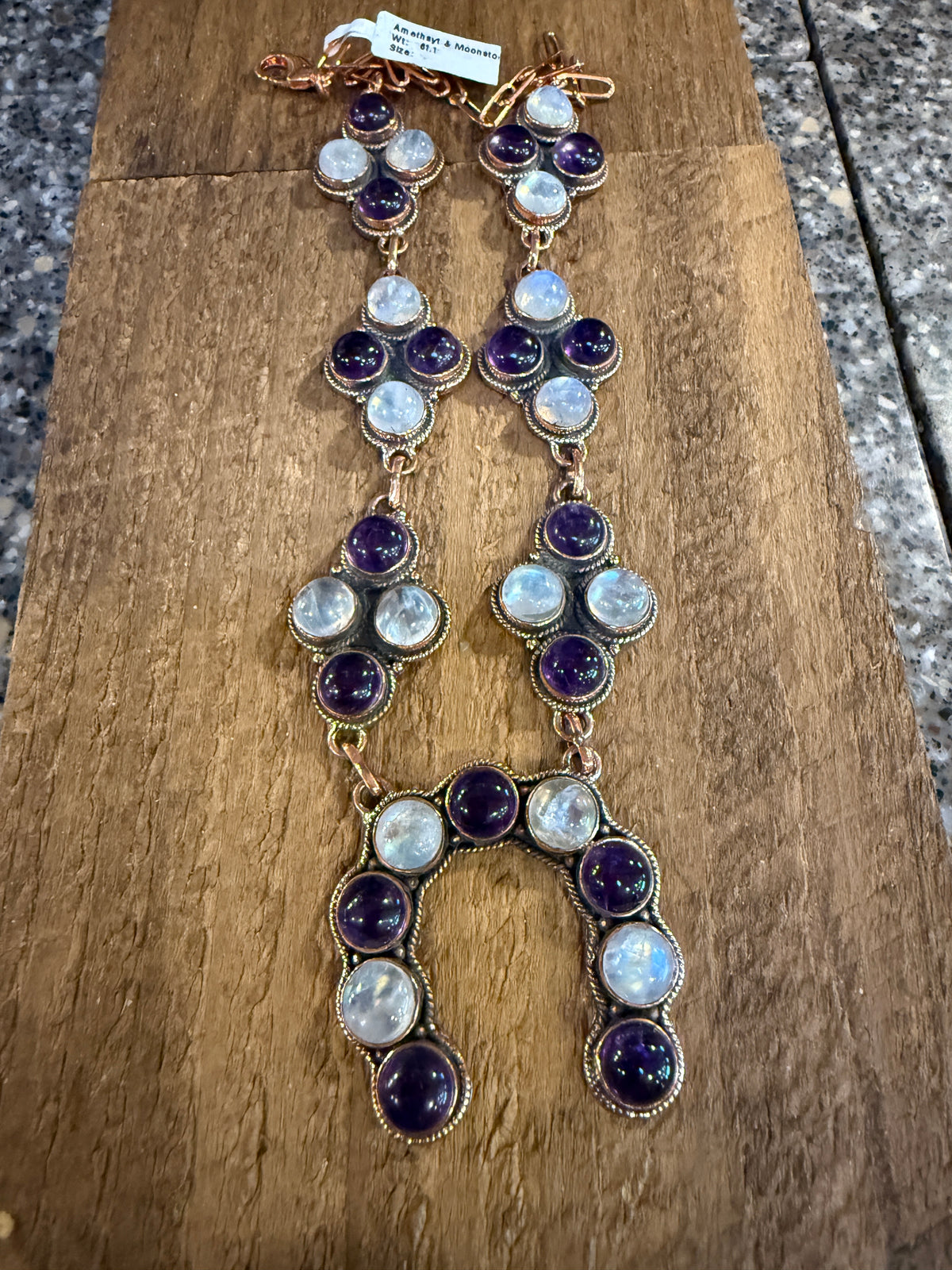 Purple Amethyst and Moonstone Paper Clip Chain Lariat Necklace in Genuine Copper