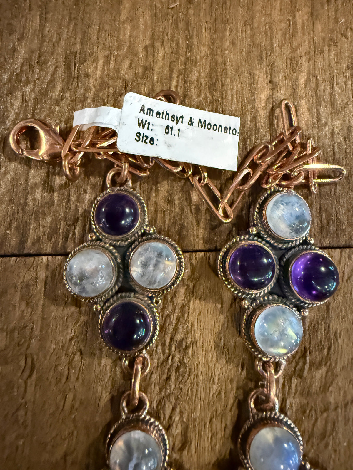 Purple Amethyst and Moonstone Paper Clip Chain Lariat Necklace in Genuine Copper