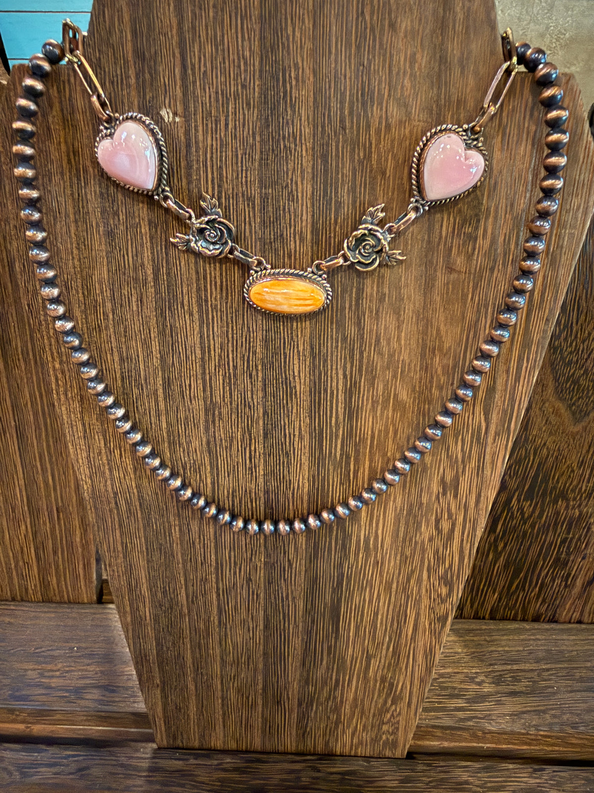 Queen Pink Conch and Orange Spiny Adjustable Choker Necklace and 5mm 16 Inch Desert Pearl Necklace Genuine Copper