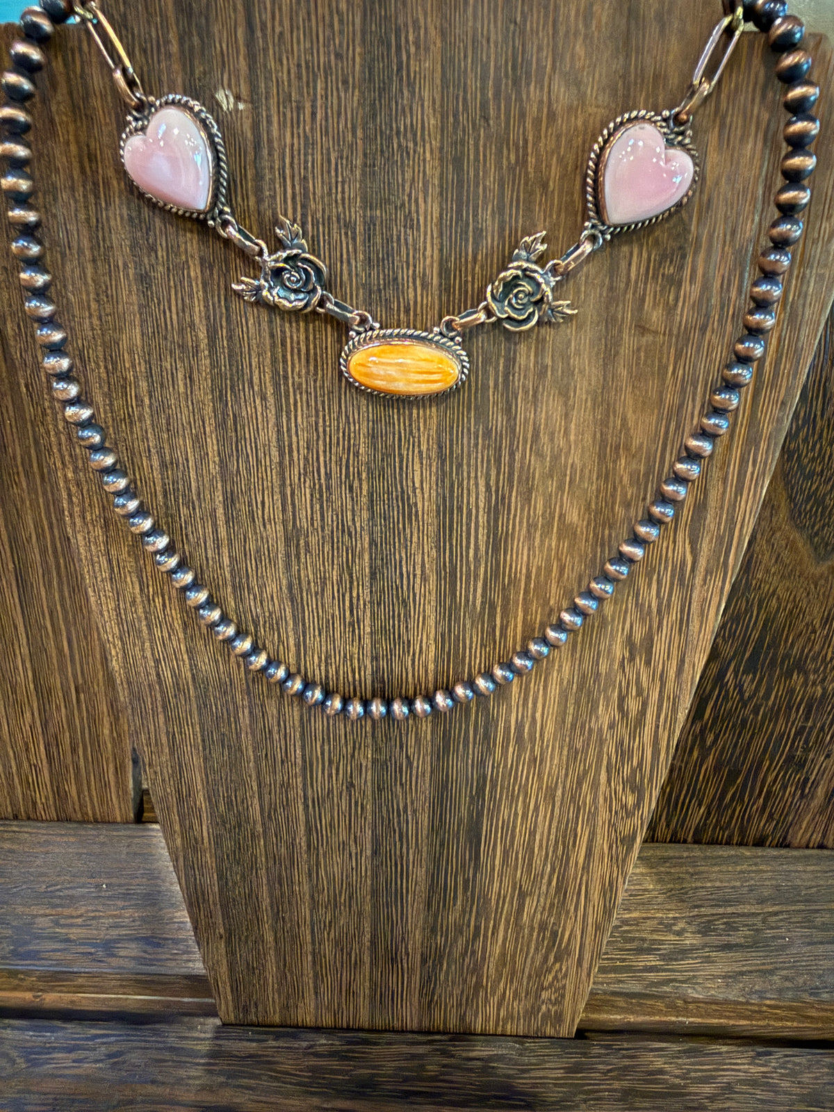 Queen Pink Conch and Orange Spiny Adjustable Choker Necklace and 5mm 16 Inch Desert Pearl Necklace Genuine Copper