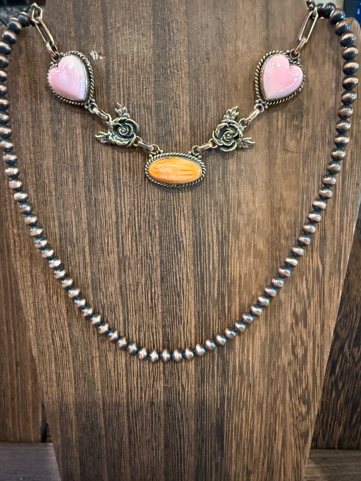 Queen Pink Conch and Orange Spiny Adjustable Choker Necklace and 5mm 16 Inch Desert Pearl Necklace Genuine Copper