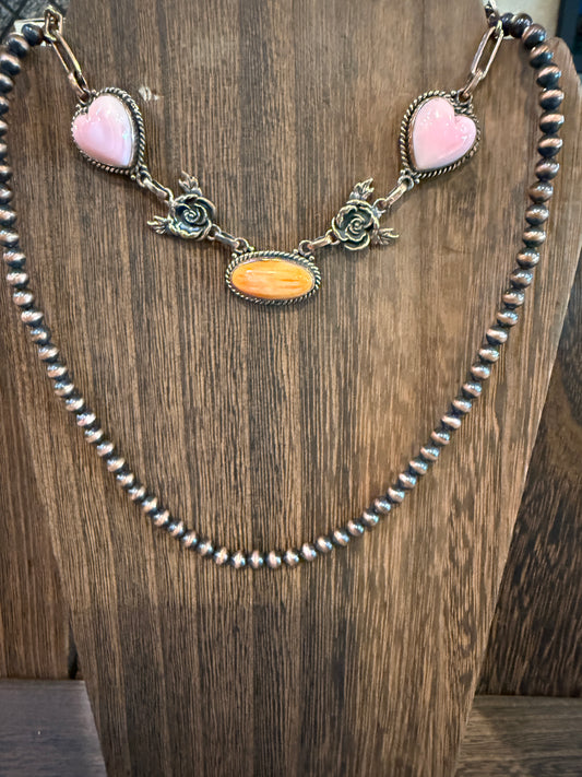 Queen Pink Conch and Orange Spiny Adjustable Choker Necklace and 5mm 16 Inch Desert Pearl Necklace Genuine Copper