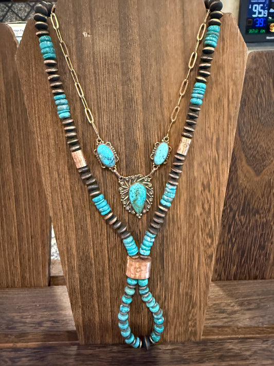 Kingman Turquoise Choker or Lariat Necklace and Totum Saucer Desert Pearl in Genuine Copper Gift Set