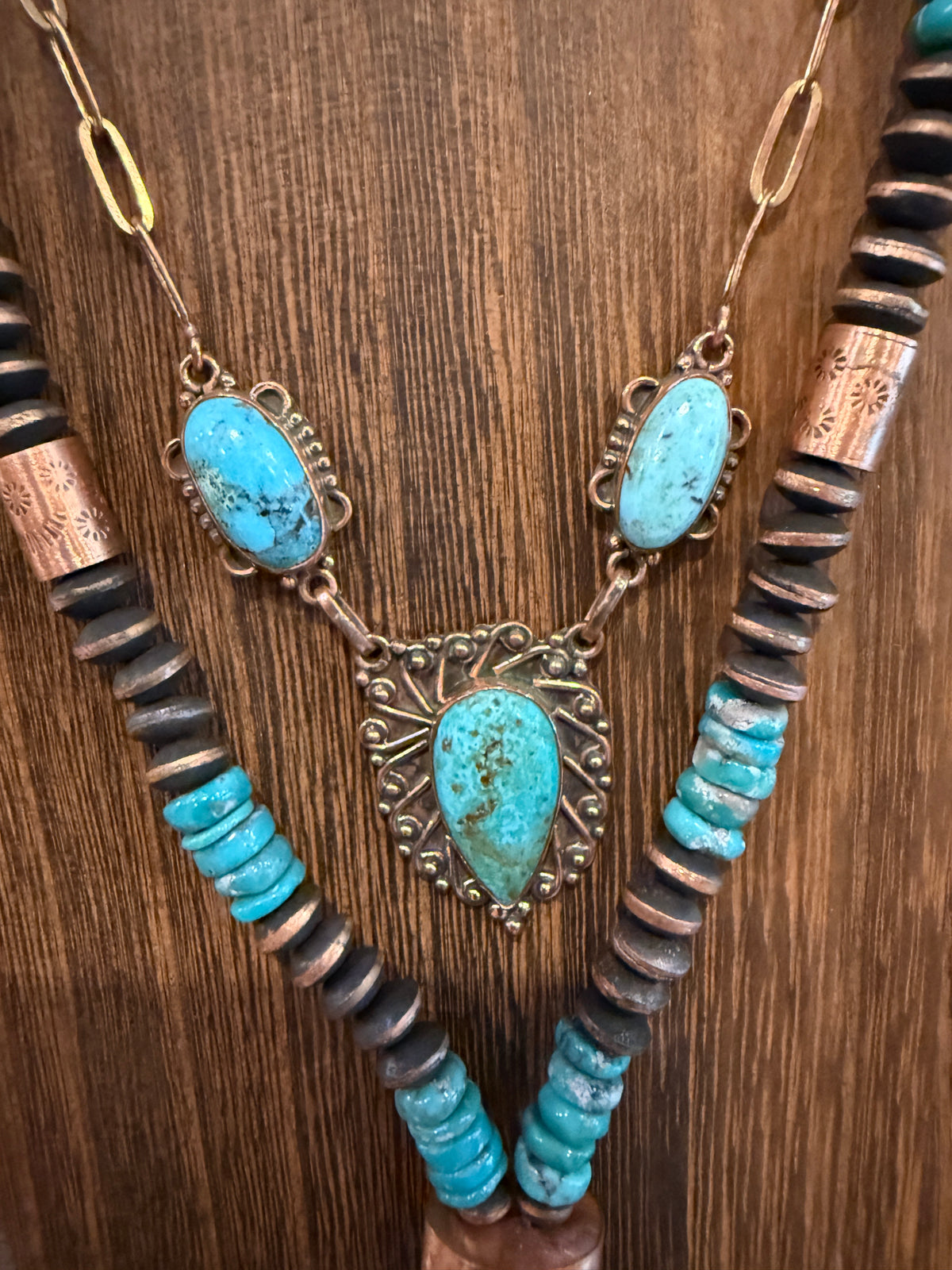 Kingman Turquoise Choker or Lariat Necklace and Totum Saucer Desert Pearl in Genuine Copper Gift Set