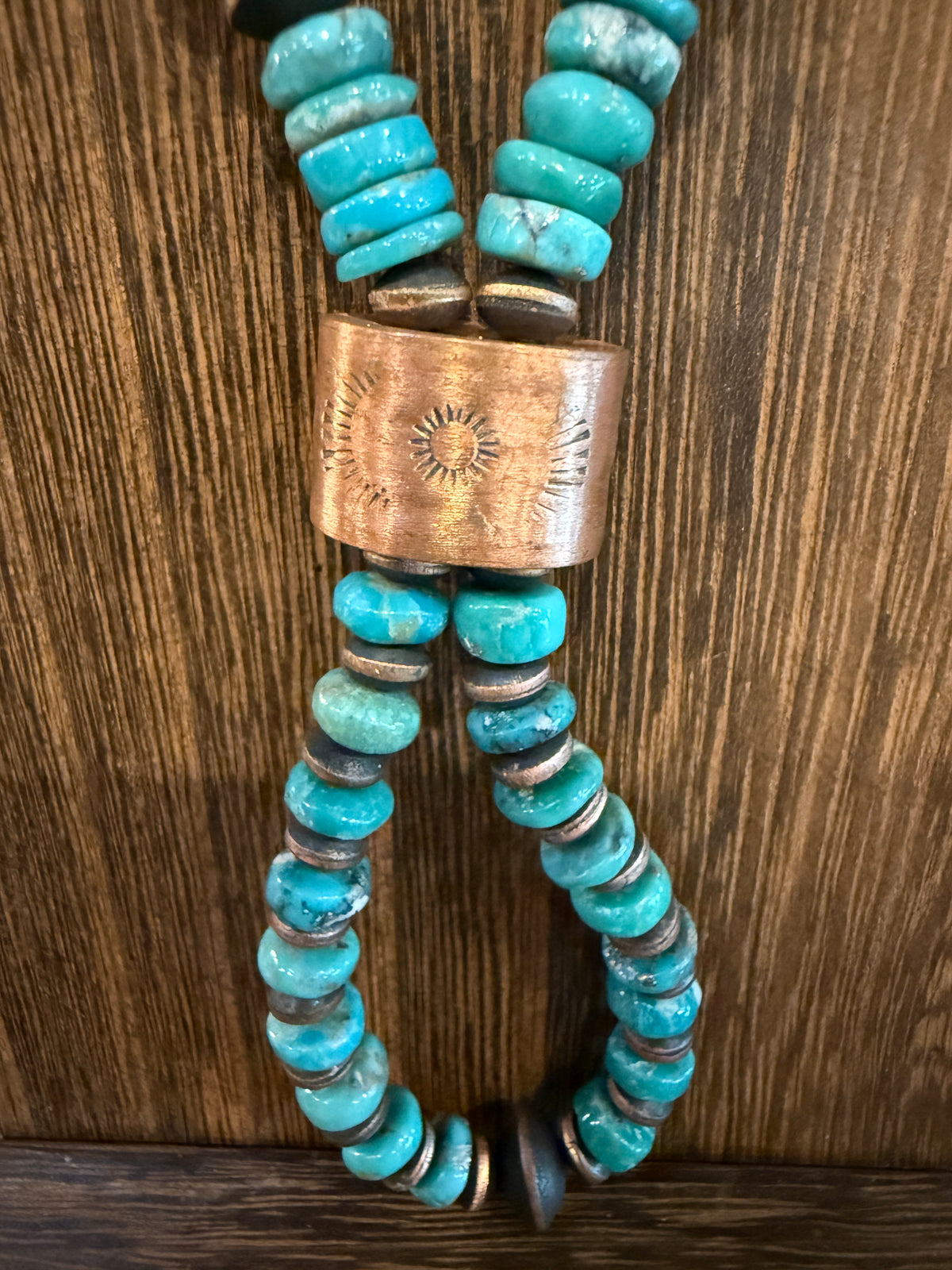 Kingman Turquoise Choker or Lariat Necklace and Totum Saucer Desert Pearl in Genuine Copper Gift Set