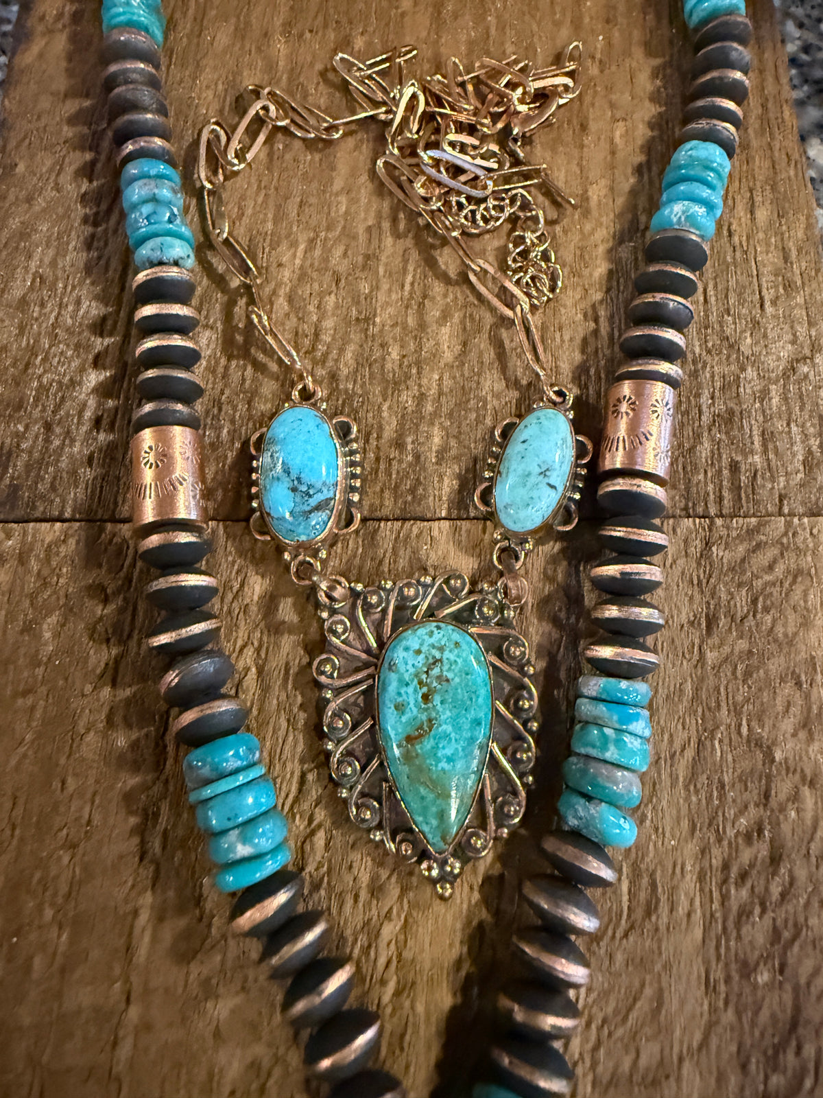 Kingman Turquoise Choker or Lariat Necklace and Totum Saucer Desert Pearl in Genuine Copper Gift Set