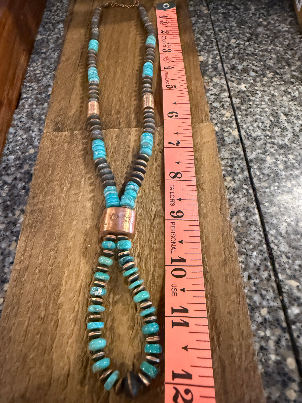 Kingman Turquoise Choker or Lariat Necklace and Totum Saucer Desert Pearl in Genuine Copper Gift Set
