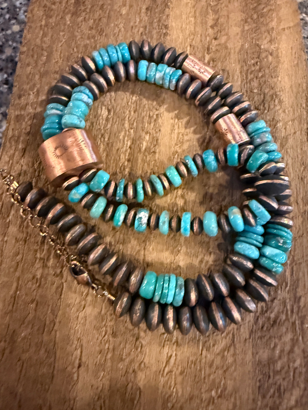 Kingman Turquoise Choker or Lariat Necklace and Totum Saucer Desert Pearl in Genuine Copper Gift Set