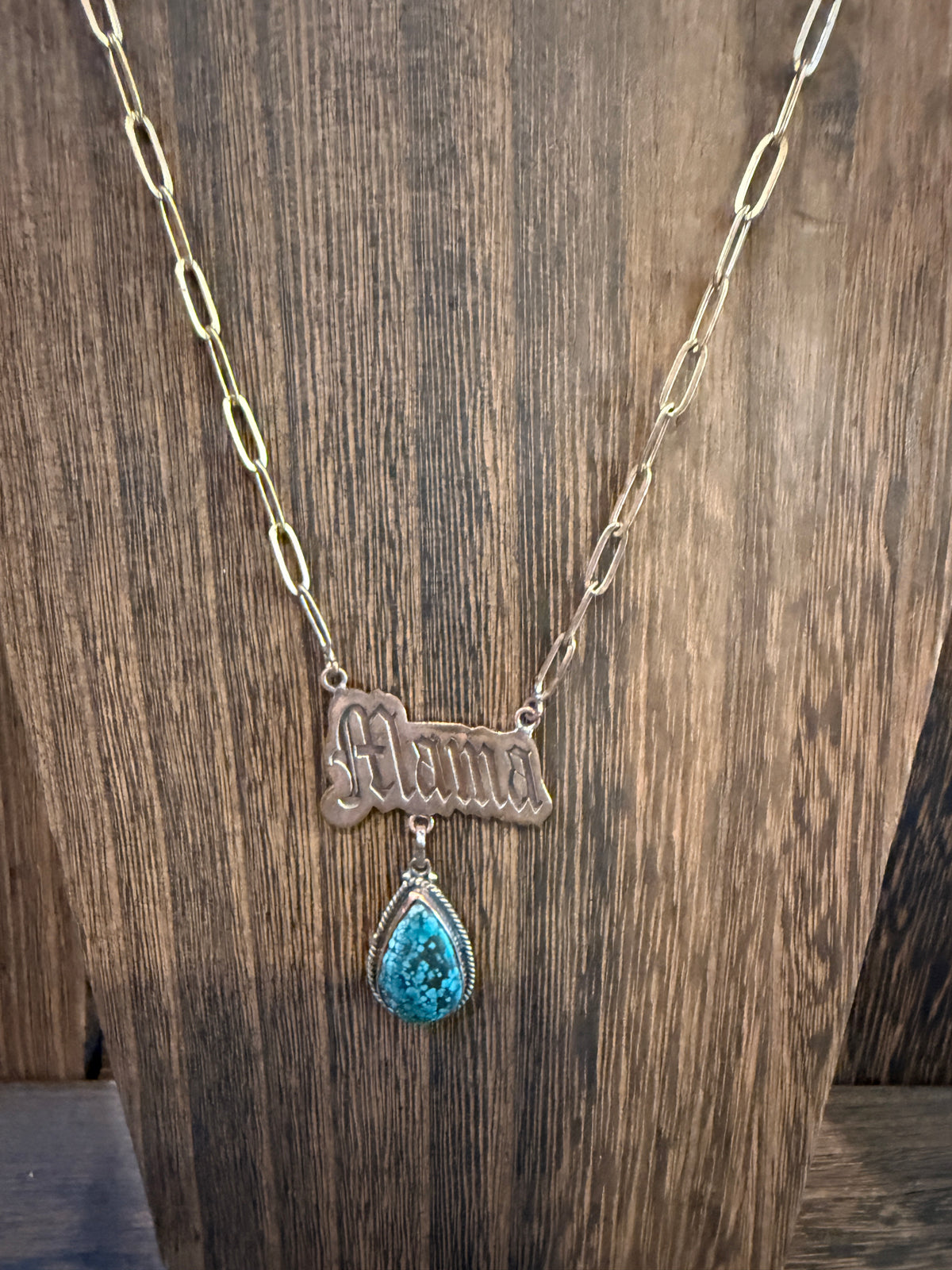 Mohave Turquoise Mama Pendant Paper Clip Chain Necklace in Genuine Copper