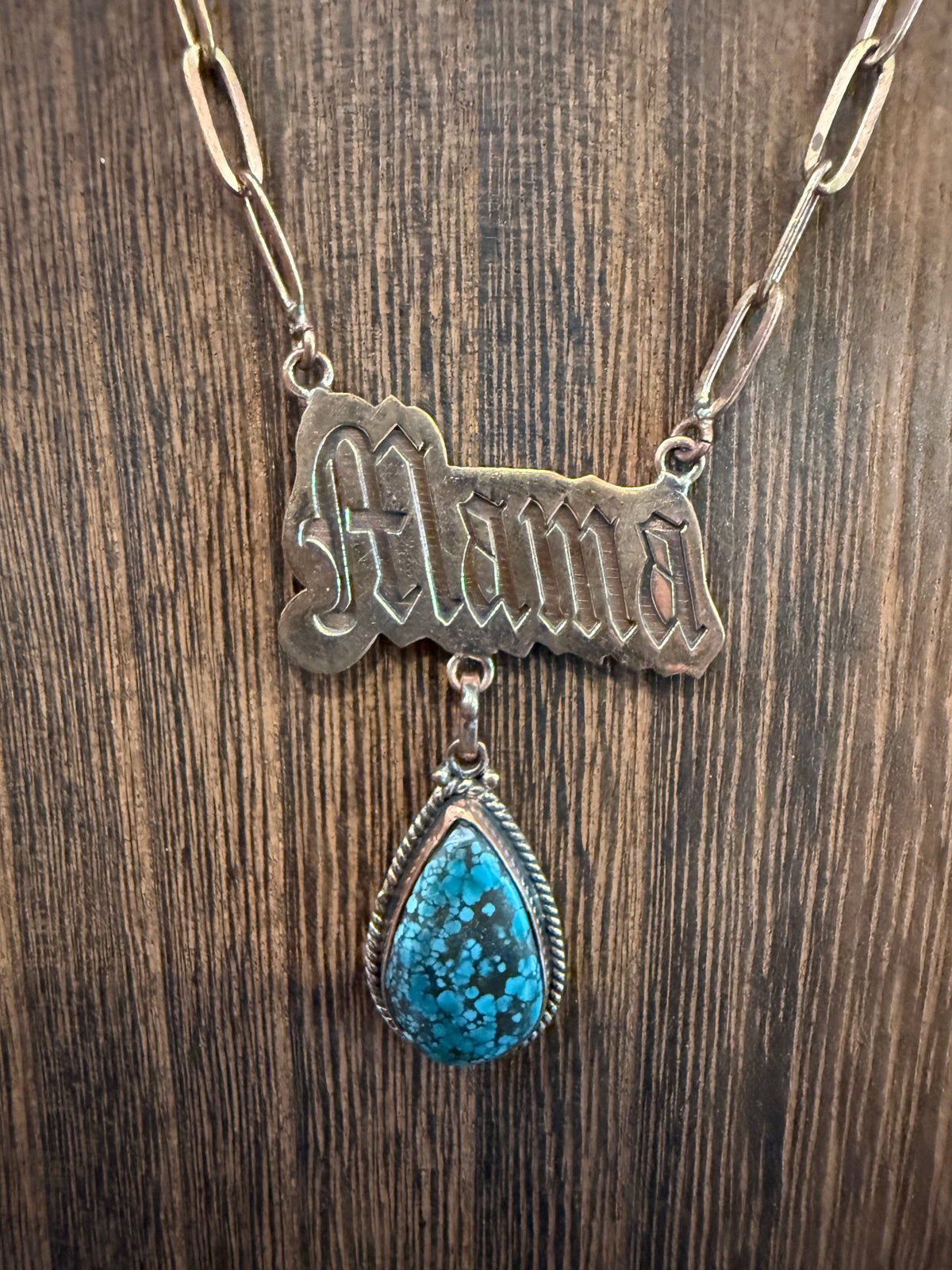 Mohave Turquoise Mama Pendant Paper Clip Chain Necklace in Genuine Copper