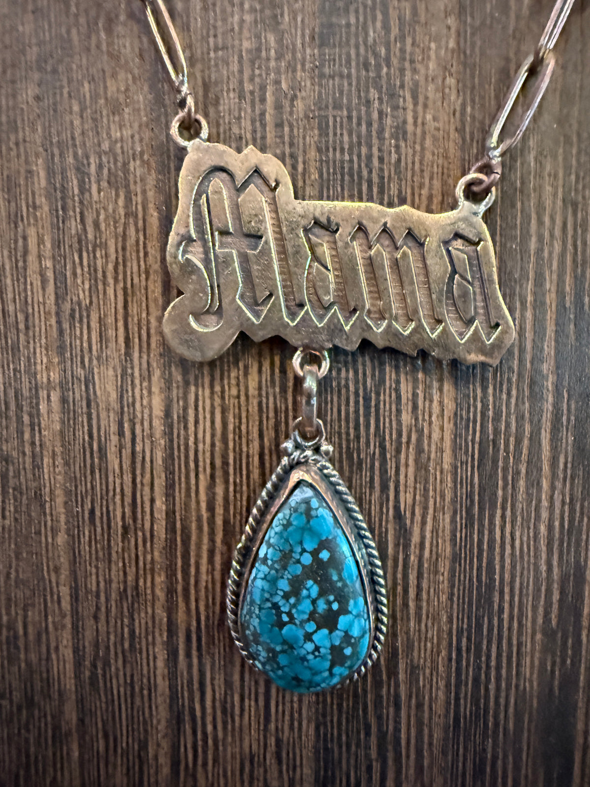 Mohave Turquoise Mama Pendant Paper Clip Chain Necklace in Genuine Copper