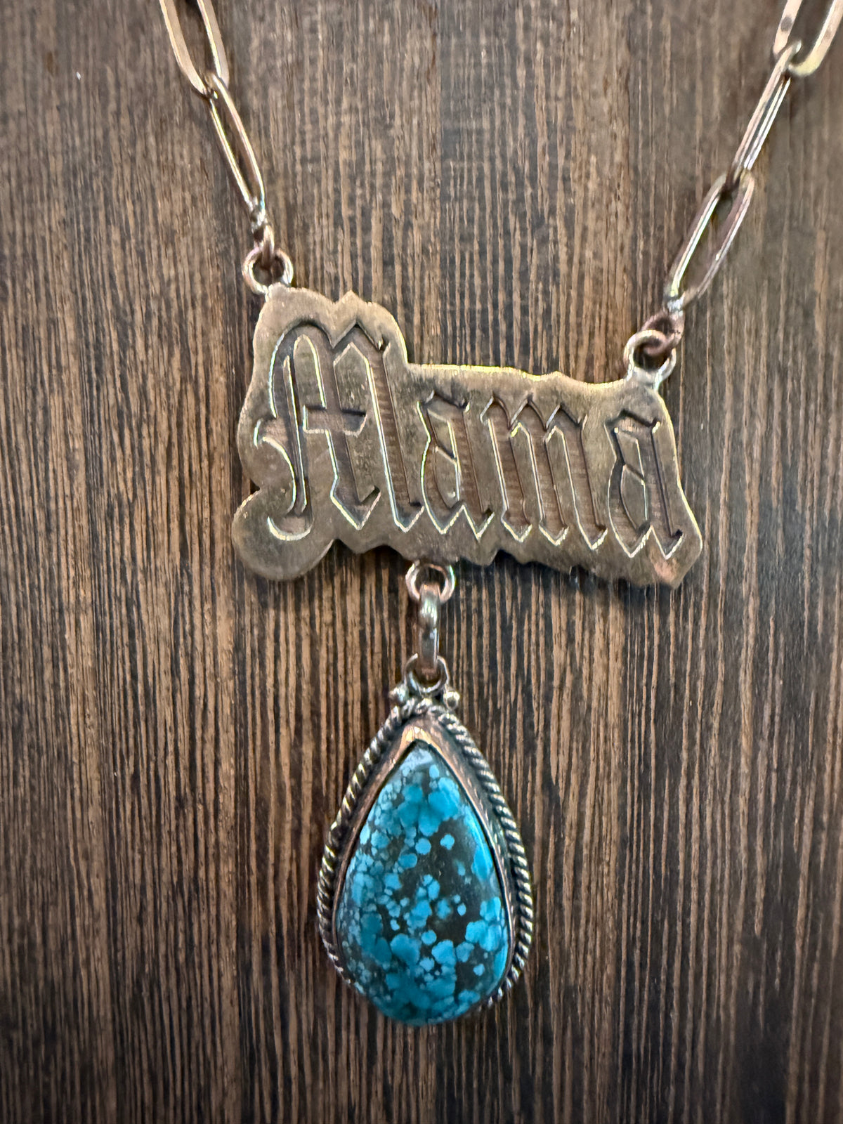 Mohave Turquoise Mama Pendant Paper Clip Chain Necklace in Genuine Copper
